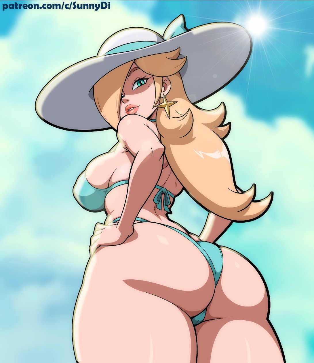 1girls, ass, back view, backboob, big ass, big breasts, bikini, bikini bottom, bikini top, blonde hair, blue bikini, blue eyes, bottomwear, breasts, ear piercing, earrings, female, female only, hair, hair over one eye, hands on hips, hat, headwear, huge ass, lips, long hair, looking back, mario (series), nintendo, princess rosalina, solo, solo female, star earrings, sun hat, sunny di, swimwear, thick lips, thick thighs, thighs, topwear