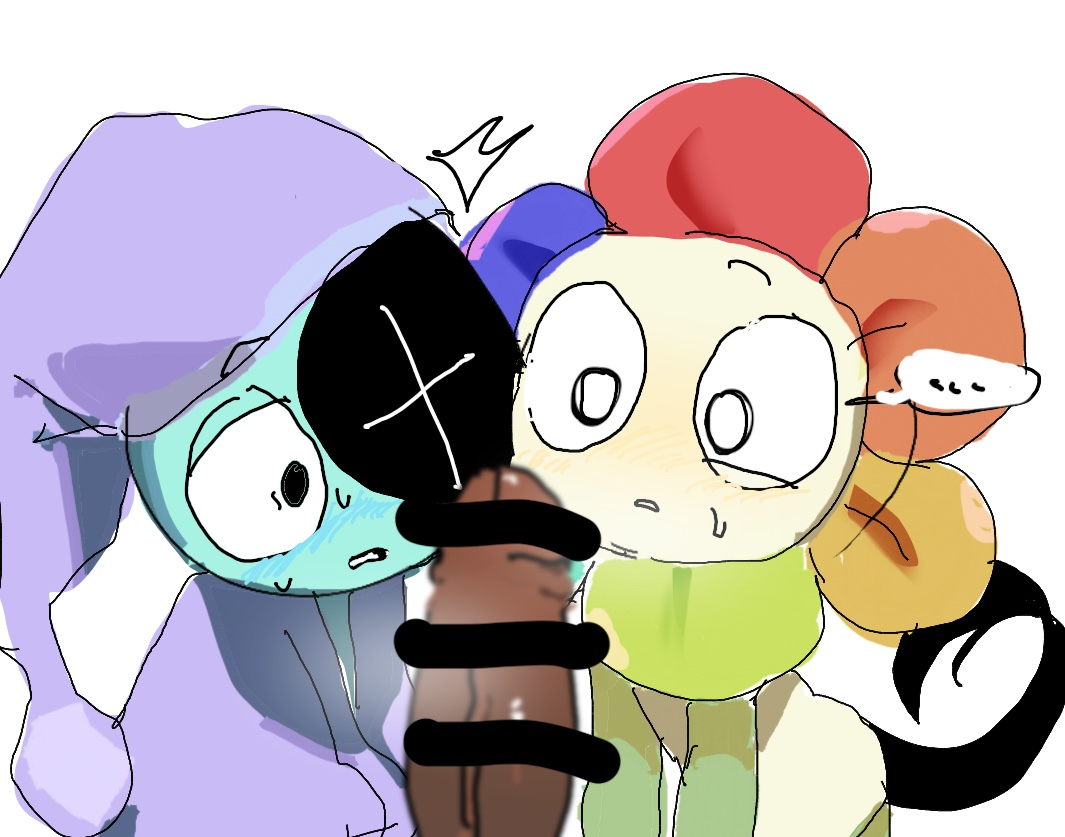 2boys, artist request, astro (dandy's world), blush, cc697436, censored, dandy (dandy's world), dandy's world, looking at penis, male, maybe moonflower, moonflower (dandy's world), penis, sweat, toonophilia, toons x humans, yaoi