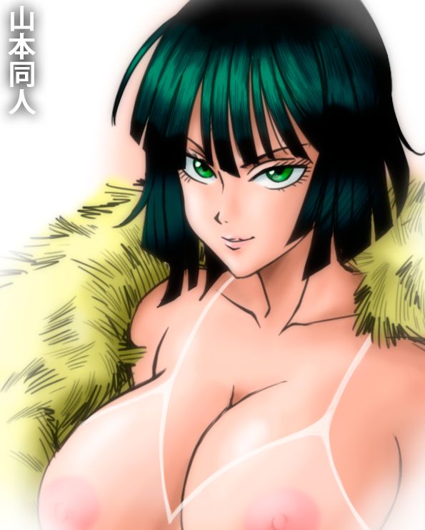 1girls, areolae visible through clothing, big breasts, bikini top, breasts, female, fubuki (one-punch man), green eyes, green hair, one-punch man, seductive look, seductive smile, see-through swimsuit, visible nipples, yamamoto doujin