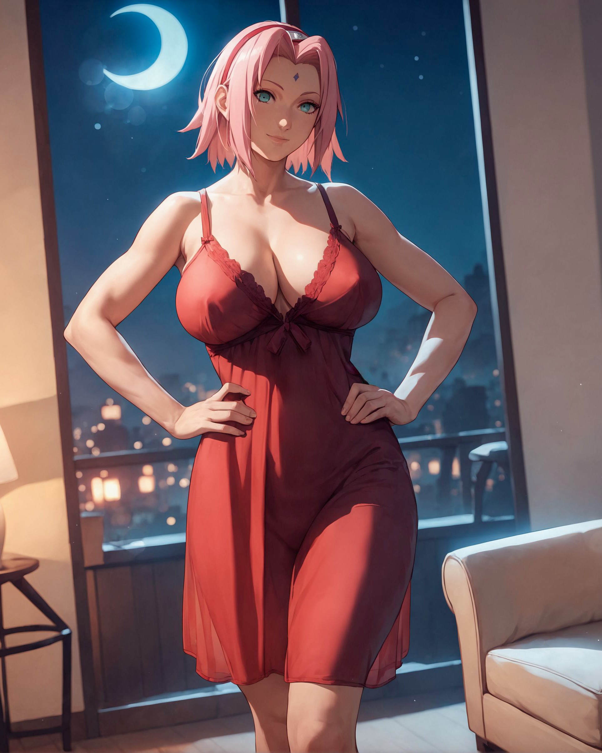 1girls, ai generated, alex-schura, alternate breast size, babydoll, bare arms, bare legs, bare shoulders, bare thighs, big breasts, blush, breasts, bust, busty, city background, cleavage, cowboy shot, curtains, curvaceous, curvy, curvy body, curvy female, curvy figure, female, female only, green eyes, hands on hips, indoors, large breasts, light skin, light-skinned female, lingerie, long hair, looking at viewer, nai diffusion, narrow shoulders, naruto, naruto (series), naruto shippuden, night, no bra, pink hair, revealing clothes, sagging breasts, sakura haruno, shoulder length hair, smile, solo, solo female, solo focus, spiky hair, stable diffusion, thick thighs, thin arms, thin waist, wide hips
