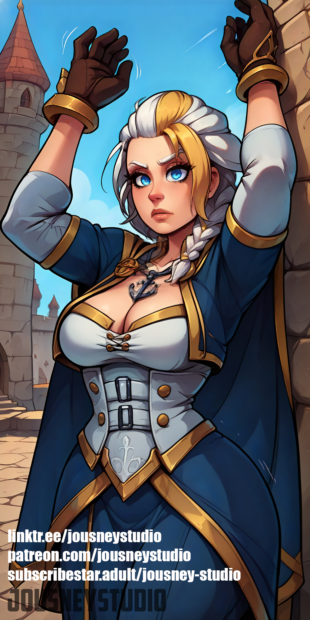 ai_generated arms_up blonde_hair blue_eyes braid breasts brick_wall brown_gloves cape castle cleavage clothing corset day dress english_text female female_only gloves hair_over_shoulder headwear jaina_proudmoore jewelry jousneystudio large_breasts lips long_hair looking_at_viewer mismatched_eyebrows multicolored_hair necklace patreon_username single_braid solo tied_hair two-tone_hair warcraft weapon white_hair world_of_warcraft