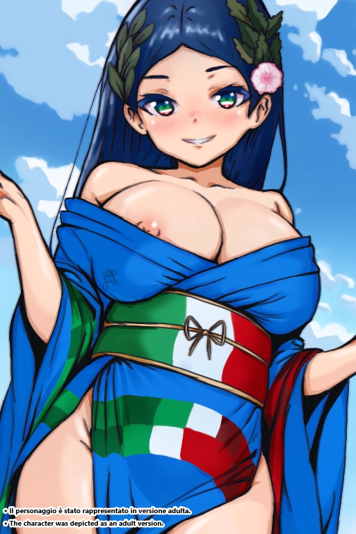 1girls big_breasts blue_clothing blue_hair blue_kimono blue_sky breasts breasts breasts_out cloud clouds expo2025 expo_mascot female female female_focus female_only first_porn_of_character flag flashing flashing_breasts flower flower_in_hair flower_on_head huge_breasts italia-chan italian_female italian_flag italy kimono kimono_open large_breasts laurel_crown looking_at_viewer nipple_slip nipple_tweak nipples olive_branch open_clothing open_kimono open_topwear outdoors outside plapstrikesback signature sky smile smiling smiling_at_viewer solo solo_female solo_focus tits_out