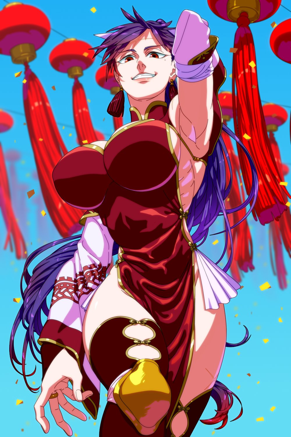 abs, arms behind head, arms up, artist request, athletic, athletic female, black hair, china dress, chun yan (shuumatsu no valkyrie), female, female only, long hair, shuumatsu no valkyrie, smile, smiling, smiling at viewer, source request, toned, toned body, toned female, toned stomach