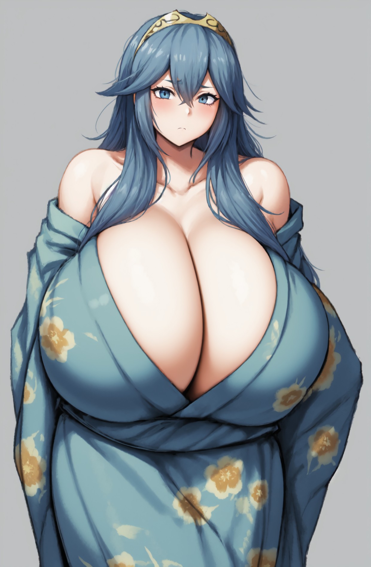ai generated, big breasts, bimbo, blue hair, breasts, cleavage, female, fire emblem, fire emblem awakening, gigantic breasts, hornymoron, huge breasts, kimono, large breasts, long hair, looking at viewer, lucina (fire emblem), princess