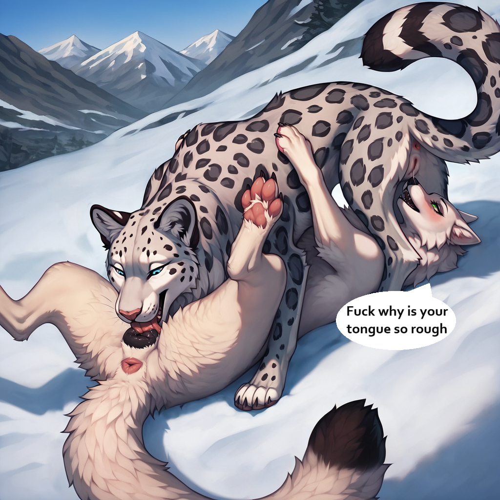 2024, 69, 69 position, ai generated, anus, blush, canid, canine, canine genitalia, canine pussy, cunnilingus, dialogue, director firewolf, duo, felid, feline, female, female only, female/female, feral, feral only, furry, interspecies, lesbian sex, licking, lying, lying on back, mammal, nude, oral, oral sex, pantherine, pawpads, paws, pussy, sex, snow leopard, tagme, talking feral, text, text bubble, vagina, wolf, yuri