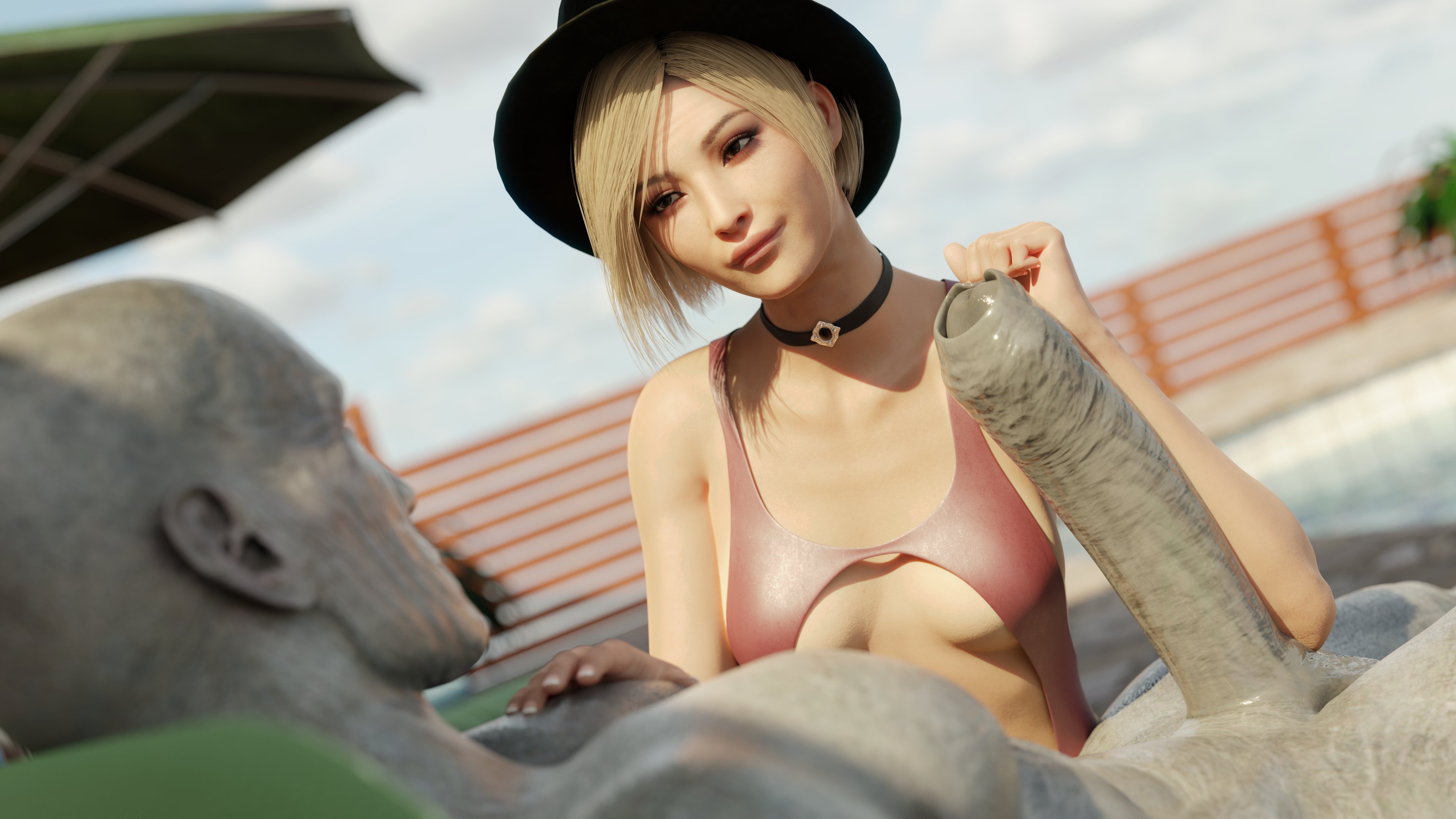 1boy, 1girls, 3d, ada wong, ada wong (adriana), asian, asian female, athletic, athletic female, big penis, blonde hair, breasts, busty, capcom, cock worship, erect nipples, female, female focus, forearm cock, hourglass figure, male, monster, mr x, nipples, penis, penis awe, resident evil, resident evil 2, resident evil 2 remake, short hair, stephanie23, swimsuit, tagme, tyrant, wide hips