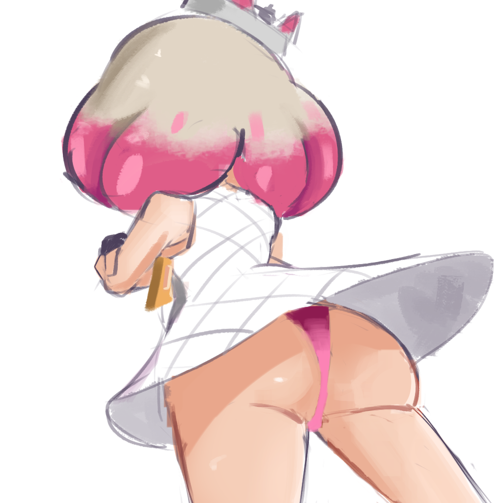 1girls ass colored crown dress female female_only from_behind justdavefnd nintendo panties pantyshot pearl_(splatoon) pink_panties simple_background sleeveless_dress solo splatoon splatoon_2 tentacle_hair two_tone_hair underwear upskirt white_background