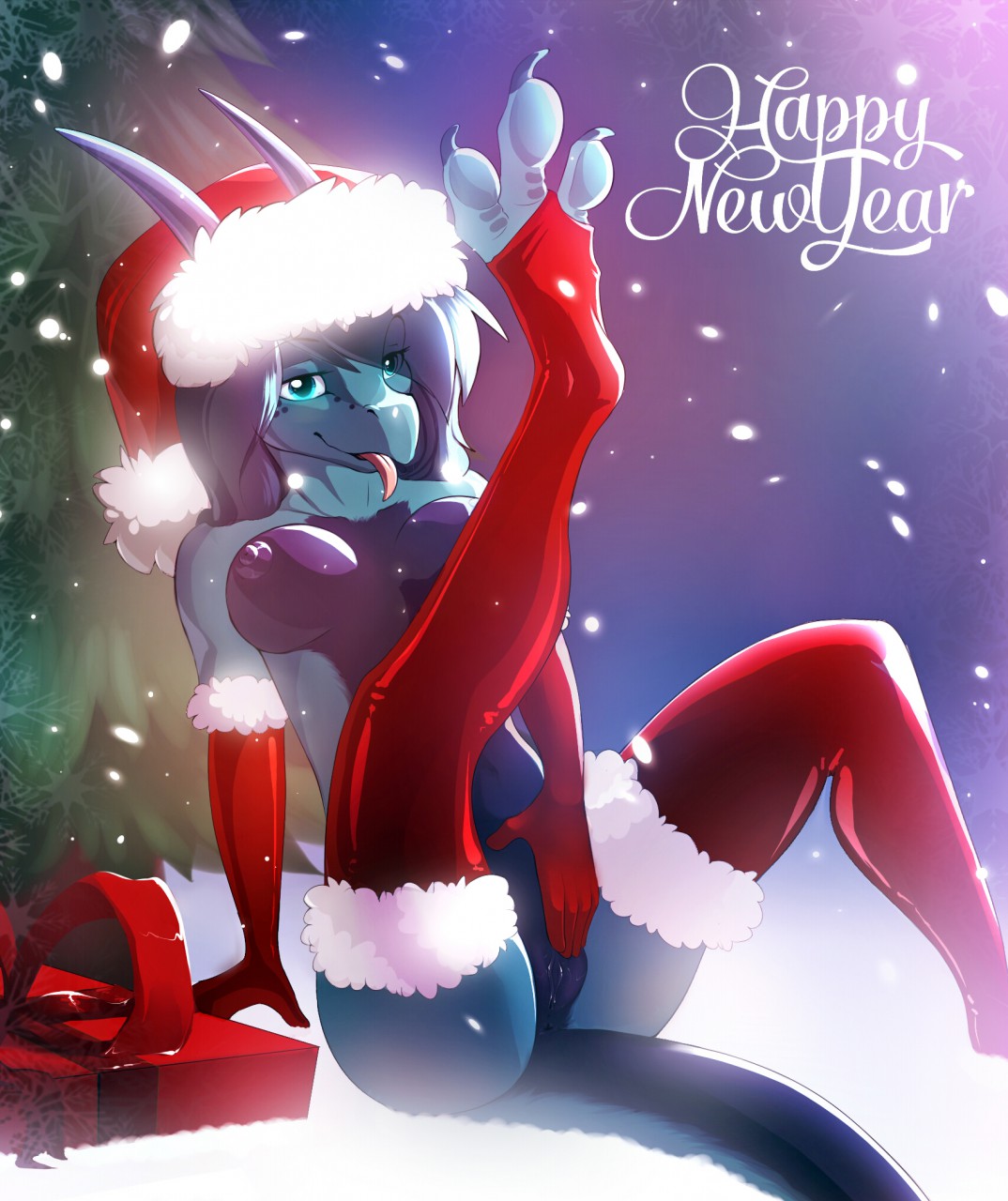 anthro avi avi_(character) breasts christmas clothing dragon hat holidays legwear magenta7 new_year nude pussy santa_hat text