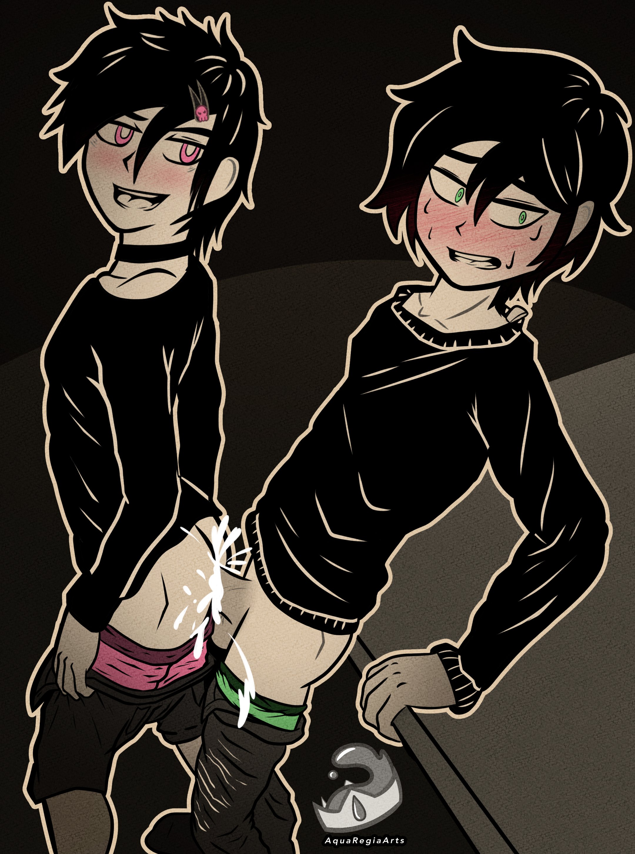 2023, 2boys, andrew graves, aqua regia arts, artist name, ashley graves, ashton graves, ass, black hair, blush, cum, cum in ass, cum inside, fan character, gay, gay sex, genderswap, genderswap (ftm), green eyes, incest, male, nervous, pants down, pink eyes, rule 63, skinny, the coffin of andy and leyley, watermark, yaoi, young