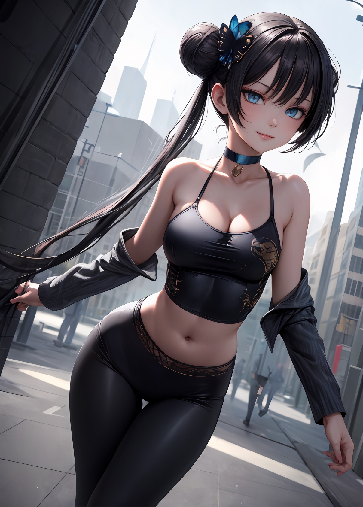 1girls, 2d, ai generated, athletic, athletic female, background characters, bare arms, bare legs, bare shoulders, belly, black hair, blue archive, breasts, bun, chest, cleavage, curvy, curvy figure, cute, cute face, detailed, double bun, eyelashes, eyeshadow, female, female only, fit, fit female, focus, genryumon (blue archive), hair, hair ornament, high quality, kisaki (blue archive), leggings, legs, light brown hair, light skin, light-skinned female, lips, lipstick, long hair, looking at viewer, makeup, mascara, medium breasts, midriff, pale skin, pale-skinned female, petite, petite body, posing, purple eyes, seductive, seductive look, shanhaijing secondary school student, sidelocks, skin tight, stable diffusion, tagme, tank top, thighs, thin waist, twintails, young, younger female
