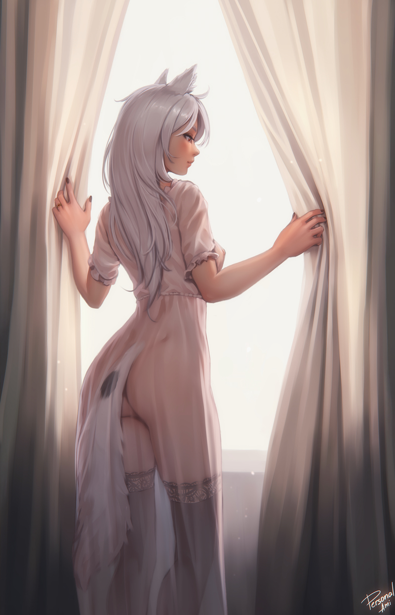 1girls animal_ears animal_tail ass breasts female half-dressed half_naked kemonomimi looking_out_window monster_girl nail_polish no_panties personalami red_eyes revealing_clothes white_hair