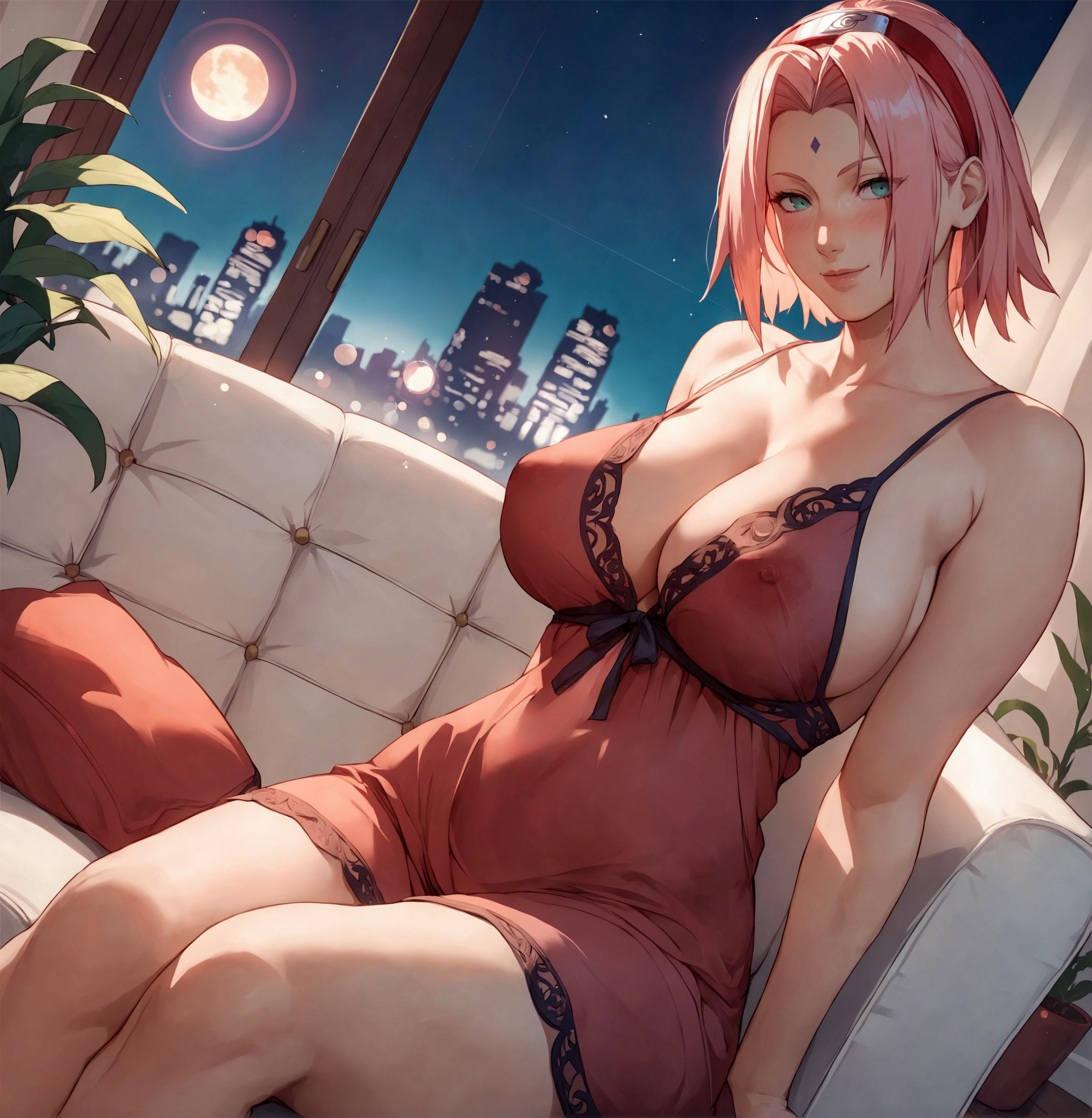 1girls, ai generated, alex-schura, alternate breast size, babydoll, bare arms, bare legs, bare shoulders, bare thighs, big breasts, blush, breasts, bust, busty, city background, cleavage, couch, curtains, curvaceous, curvy, curvy body, curvy female, curvy figure, female, female only, green eyes, indoors, large breasts, light skin, light-skinned female, lingerie, long hair, looking at viewer, nai diffusion, narrow shoulders, naruto, naruto (series), naruto shippuden, night, nipples visible through clothing, no bra, pink hair, red lingerie, revealing clothes, sagging breasts, sakura haruno, see-through, see-through clothing, sheer, shoulder length hair, sitting, smile, solo, solo female, solo focus, spiky hair, stable diffusion, thick thighs, thin arms, thin waist, thong, visible nipples, wide hips
