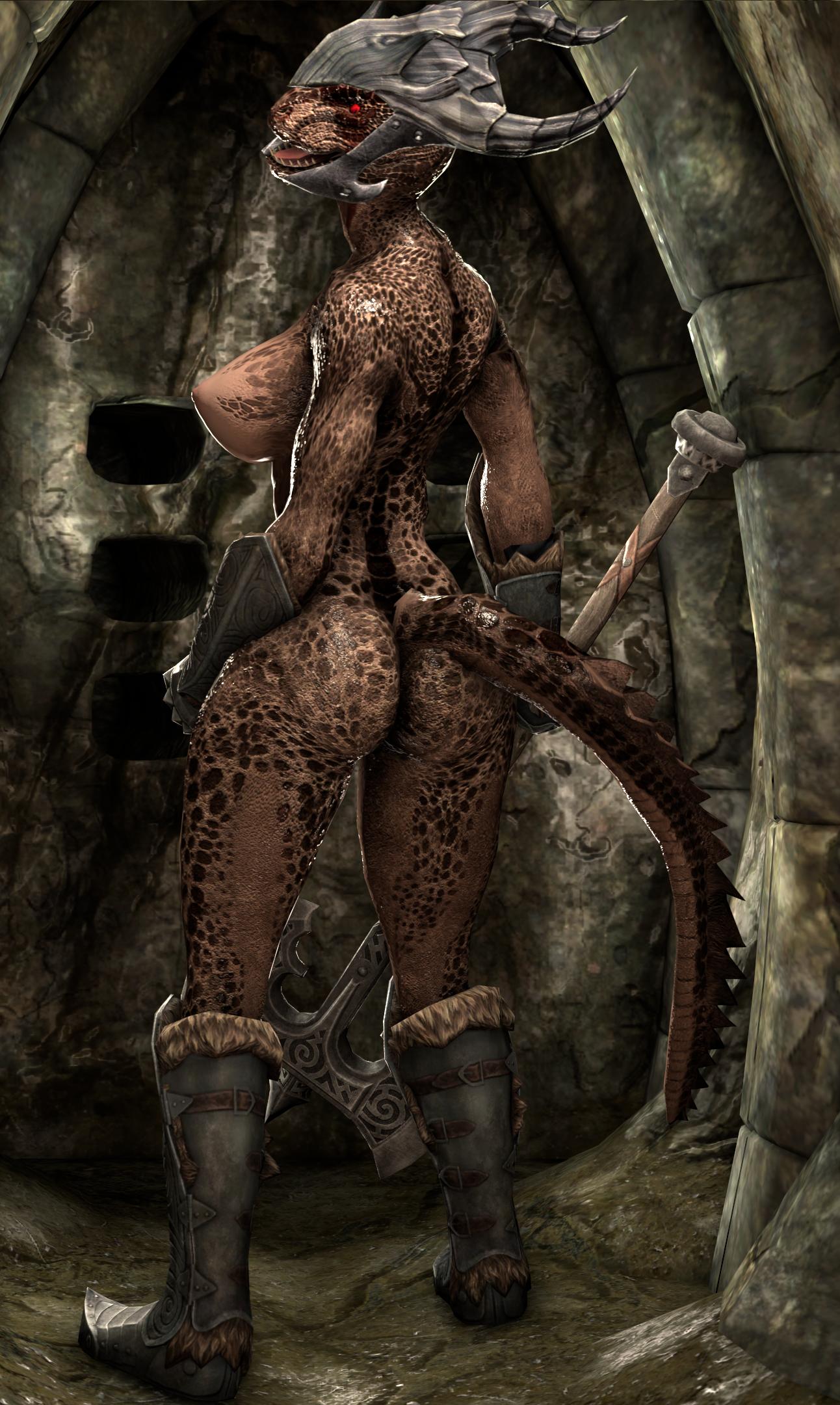 1girls, 2017, 3d, argonian, ass, axe, big ass, big breasts, boots, breasts, female, female only, full length, full-length portrait, gauntlets, helmet, highres, holding axe, holding weapon, inside, large breasts, legs, lizard, mostly nude, nipples, open mouth, portrait, red eyes, scales, scalie, scrungusbungus, skyrim, solo, source filmmaker, standing, tail, teeth, the elder scrolls, tongue, weapon