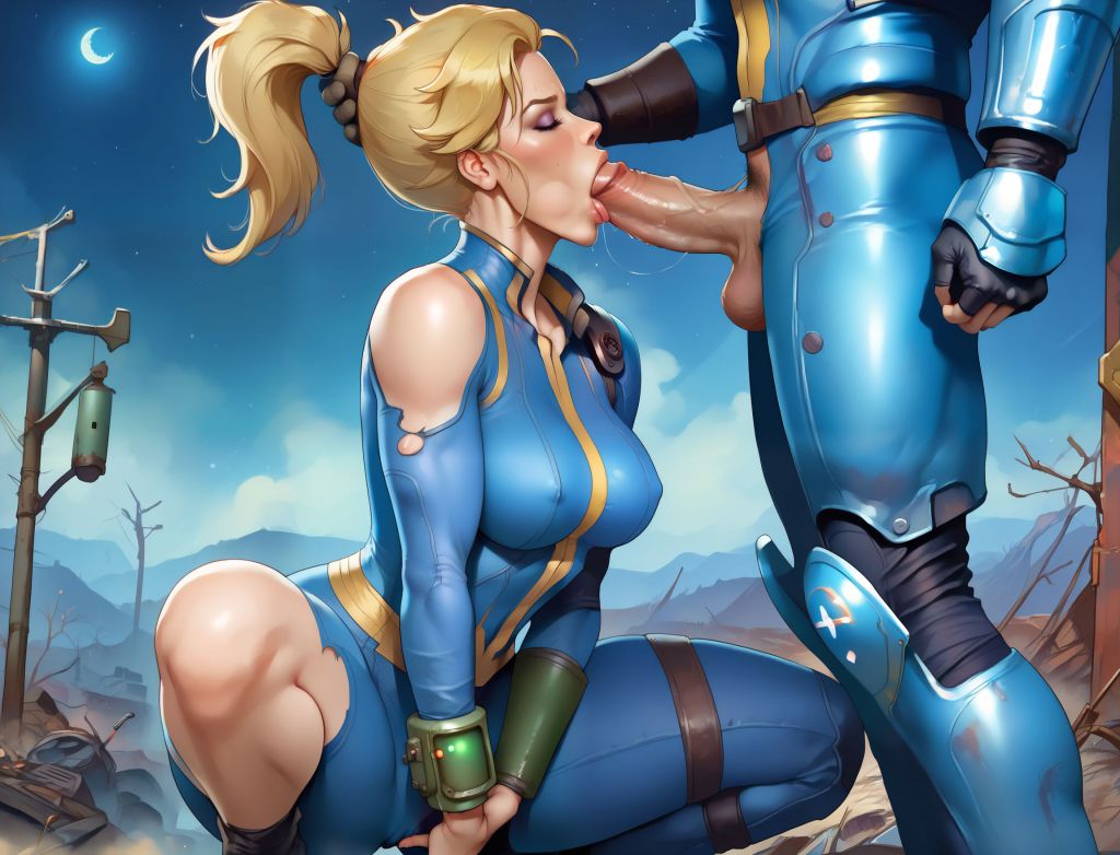 ai generated, apocalypse, artist request, blonde hair, blowjob, closed eyes, faceless male, fallout, female, hair grab, male, ponytail, ripped clothing, squatting, torn clothes, vault girl, vault suit
