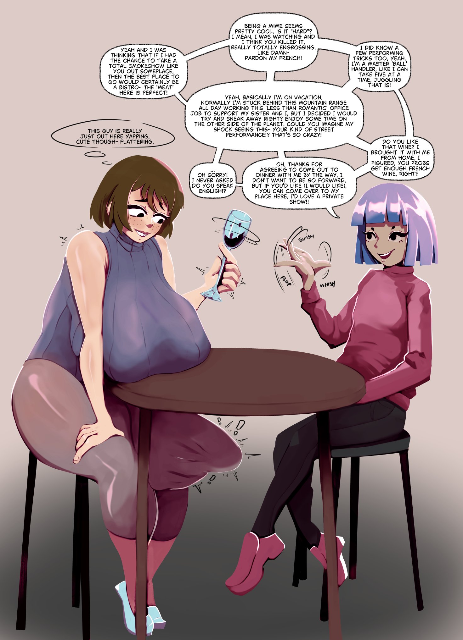 1boy, 1futa, 2024, balls, bangs, breasts, brown hair, bulge, bulge through clothing, celine (fibilis), clothed, clothed futa, clothing, coheth, date, dialogue, english text, erection, erection under clothes, femboy, flustered, freckles, freckles on face, fully clothed, futanari, horny, huge breasts, huge cock, human, hyper penis, intersex, light skin, light-skinned futa, male, massive penis, no sex, penis, purple hair, short hair, sleeveless sweater, tan skin, tan-skinned femboy, tan-skinned male, tenting, text, throbbing penis, tooth gap, trans (lore), trans woman, trans woman (lore), transgender woman, wine, wine glass