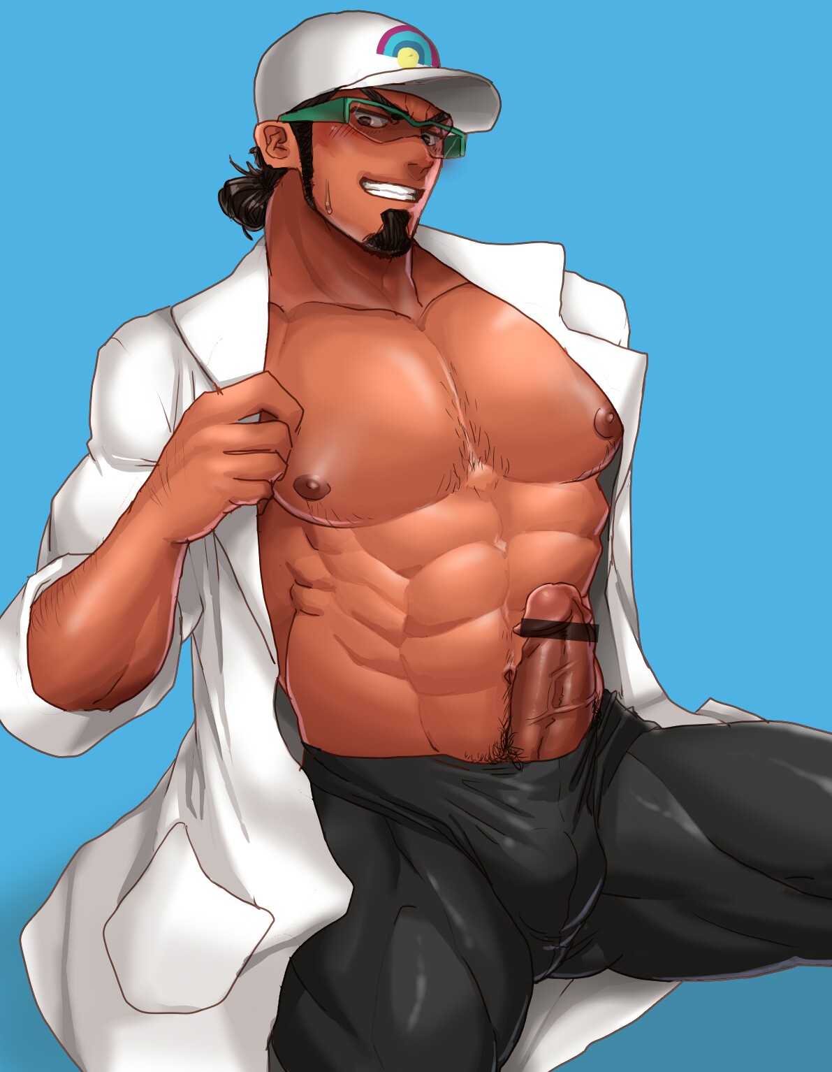 1boy, abs, bara, beard, big penis, blue background, blush, body hair, boner, brown hair, bulge, censored, crotch, erection, facial hair, glasses, hat, human, kuromine hiraya, labcoat, male, male only, muscles, muscular, nintendo, nipples, pecs, penis, penis out, pokemon, pokemon sm, ponytail, presenting, presenting penis, professor kukui, pubic hair, sitting, smile, solo, teeth, tied hair, undressing, veins, veiny penis, yaoi, yuatari