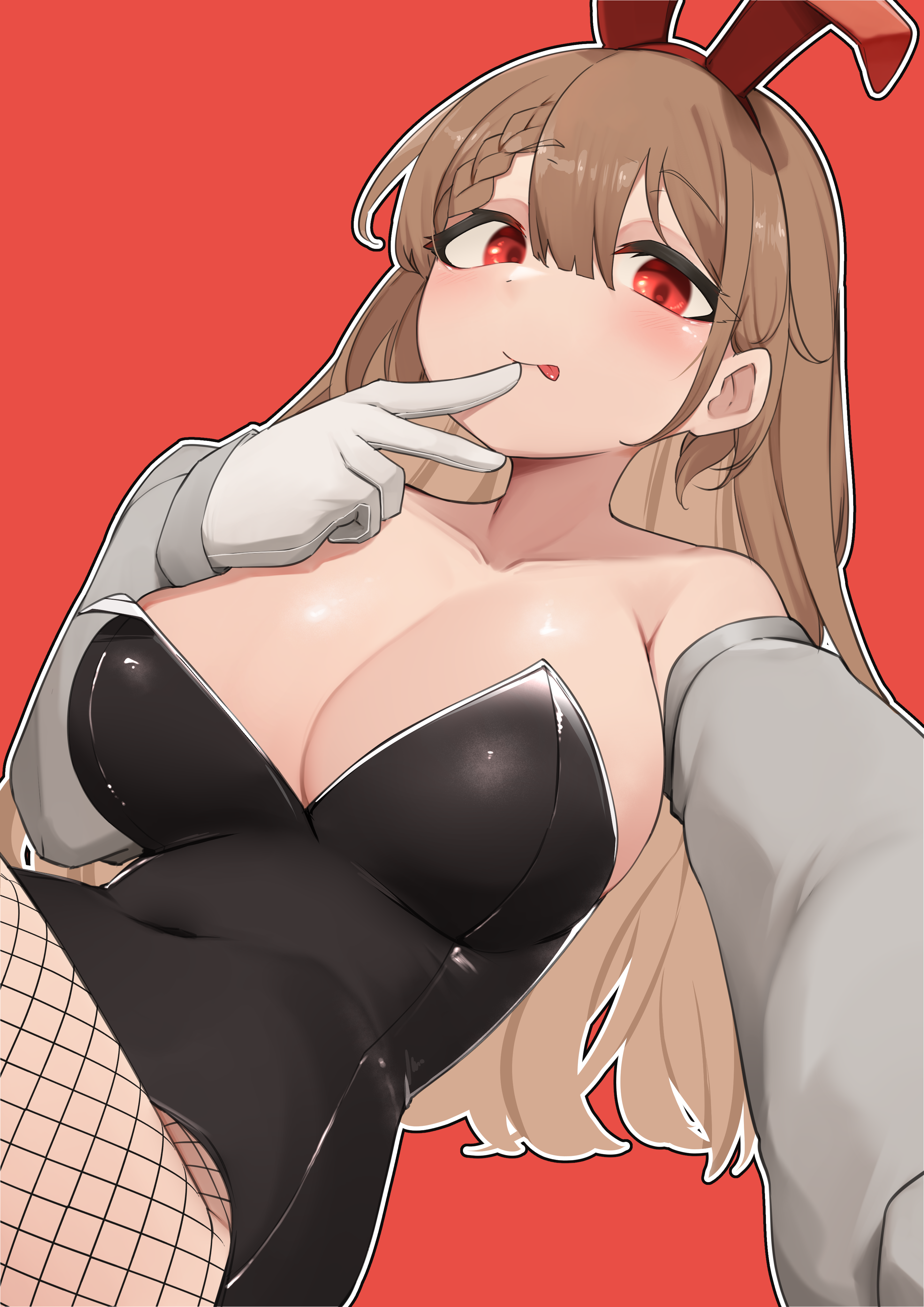 1girls, daebom, dicker max, dicker max (daebom), female, fishnets, gloves, patreon, rabbit ears, red eyes, solo, solo female, tagme, tongue, tongue out, war thunder
