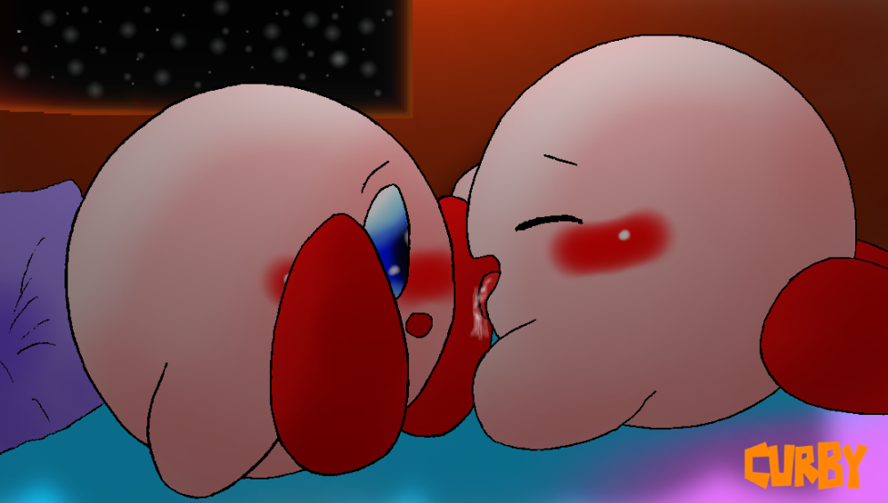 ambiguous_gender artist_logo bed bedroom blush blushing color colored curby kirby kirby_(series) licking licking_foot night night_sky nintendo selfcest tagme tongue watermark