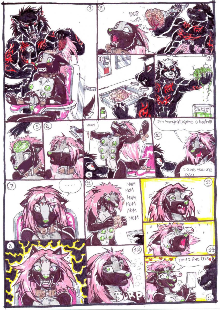 anthro black_fur brain brain_eating breasts canid canine cannibalism color comic eating english_text experiment female female_focus fur furry furry_only gore green_eyes green_nipples hair heterochromia male mariano naked no_humans nude pink_eyes pink_hair red_eyes surgery text uncensored what white_fur wolf