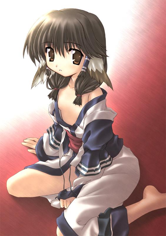 1girls animal_ear aoi_kumiko aruru_(utawarerumono) brown_eyes brown_hair dog_ear female flat_chest japanese_clothes jpeg_artifacts miko no_bra open_clothes open_shirt shirt sitting solo utawarerumono wariza