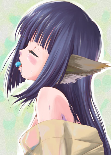 1girls animal_ear blue_hair blush breasts closed_eyes female flat_chest long_hair mouth_hold nipples no_bra off_shoulder open_mouth q-gaku saliva see-through sideboob solo sweat utawarerumono yuzuha_(utawarerumono)