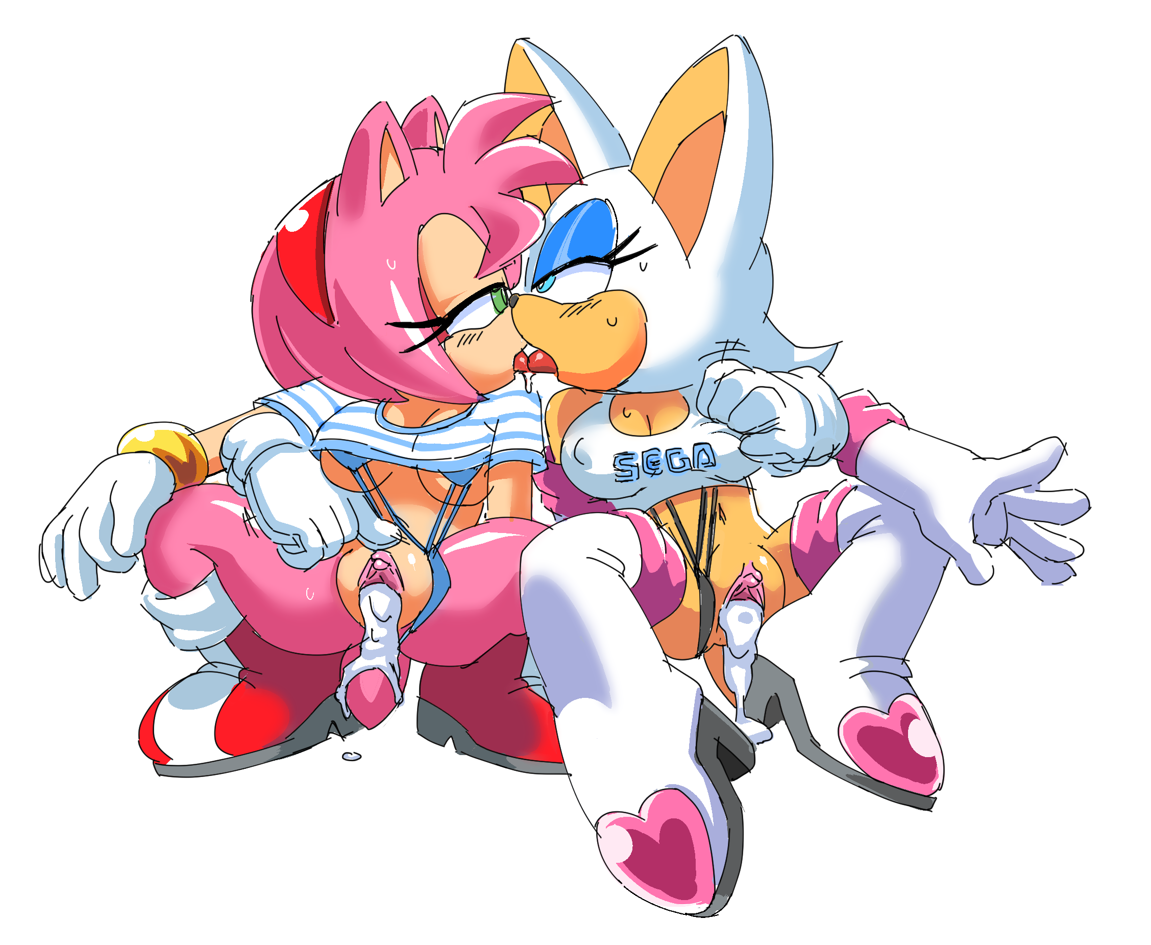 amy rose, anthro, anthro female, bat, breasts, coolblue, cum, cum in pussy, disembodied hand, disembodied hands, elbow gloves, female, female anthro, female/female, fur, furry, furry female, gloves, hedgehog, interspecies, mobian (species), nipples, pink fur, pussy, rouge the bat, sega, sonic (series), sonic the hedgehog (series), white fur, yuri