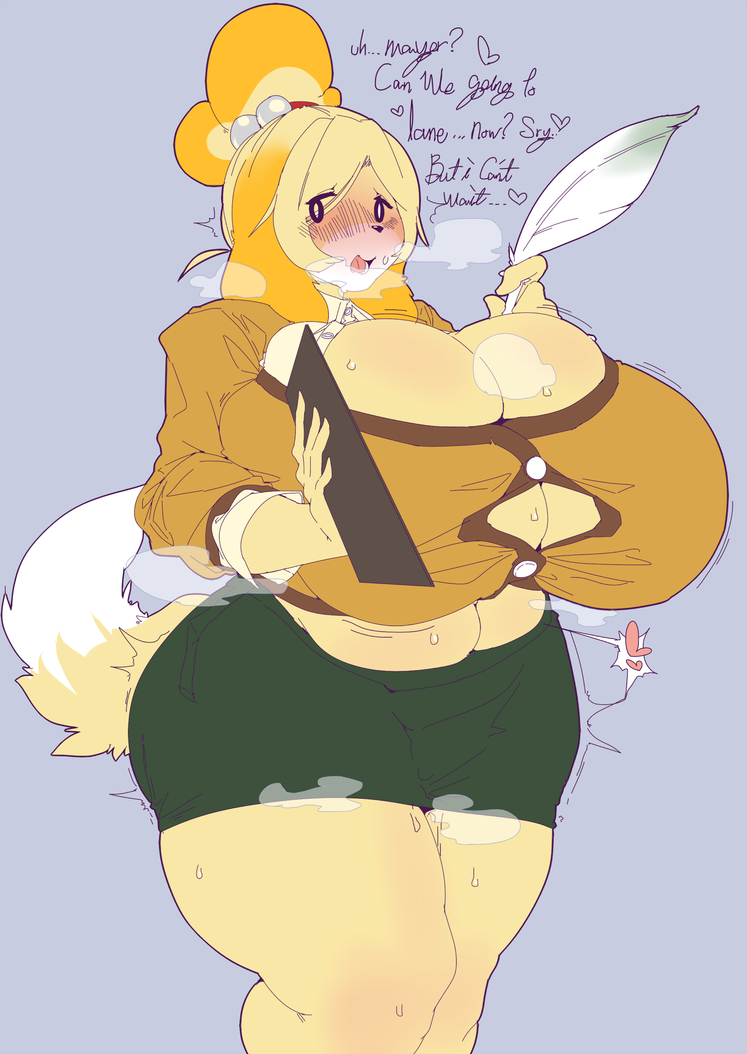 2019, animal crossing, anthro, belly, big breasts, bimbofication, blonde hair, blush, bodily fluids, bottomwear, breasts, button (fastener), canid, canine, canis, cardigan, clothing, curvy figure, domestic dog, english text, female, front view, fur, hair, heart symbol, hi res, holding object, huge breasts, hyper, hyper breasts, in heat, isabelle (animal crossing), looking at viewer, loose feather, mammal, monotone bottomwear, monotone clothing, monotone skirt, navel, nintendo, open mouth, opqhlak, pencil skirt, quill, shih tzu, simple background, skirt, slightly chubby, solo, standing, straining buttons, sweat, text, thick thighs, toy dog, voluptuous, wardrobe malfunction, wide hips, yellow body, yellow fur
