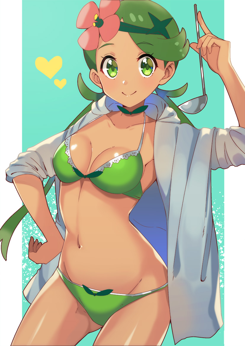 1girls, bikini, blue background, bow panties, bra, breasts, cleavage, dark skin, dark-skinned female, eyebrows visible through hair, eyelashes, female, female only, flower, flower on head, green background, green bikini, green bra, green eyes, green hair, green panties, hachirobe, hair flower, hair ornament, hairband, hand on hip, hand on hips, headband, heart, hips, holding, hood, hoodie, human, ladle, looking at viewer, mallow (pokemon), midriff, navel, nintendo, panties, pokemon, pokemon sm, shiny, shiny skin, smile, solo, standing, stomach, swimsuit, tan skin, teenage girl, tied hair, trial captain, twintails, underwear, white border