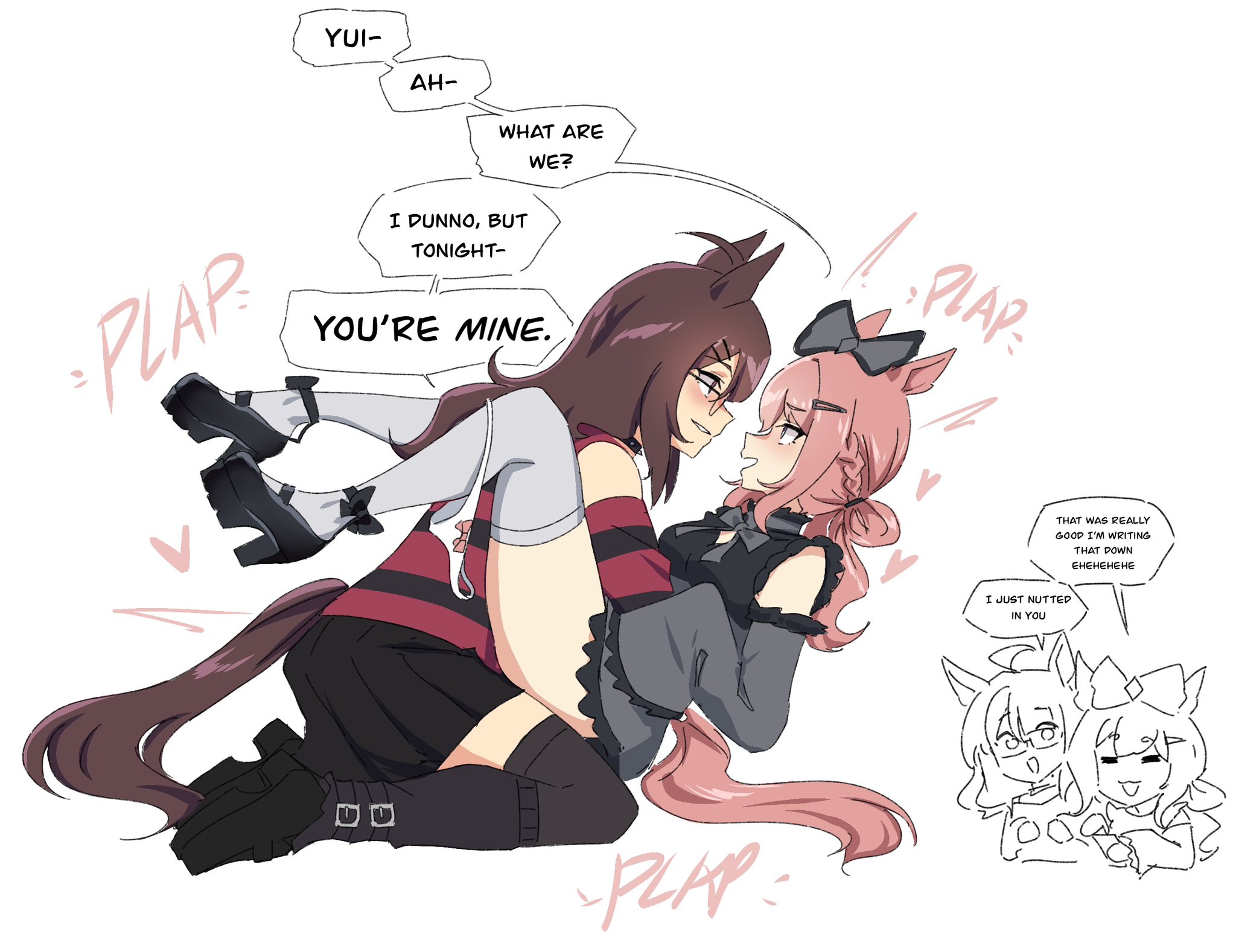 1boy, 1boy1girl, 1girls, 2d, 2d (artwork), agnes digital (umamusume), artist self-insert, bow, clothed, clothed sex, english, english text, femboy, femboy on female, horse ears, horse girl, horse tail, looking, looking at partner, oc, panties, panties around leg, panties around one leg, panties off, self insert, sfx, sound effects, speech, speech bubble, the freakin' yui, thigh highs, umamusume