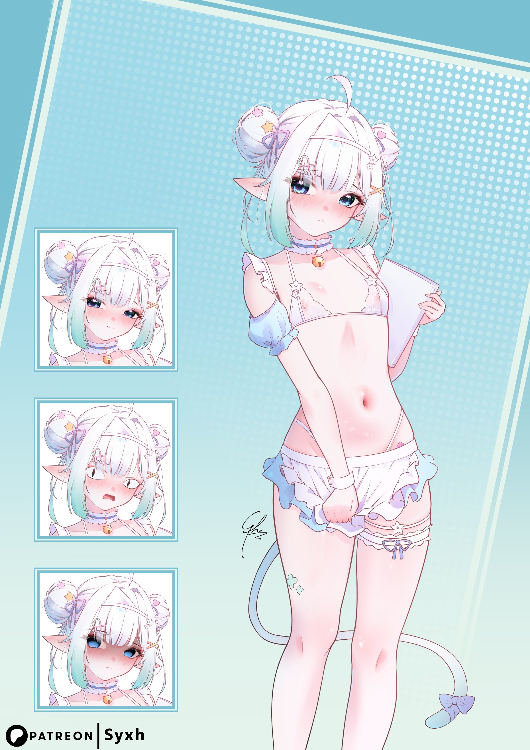 1girls, adapted costume, ahoge, arm strap, artist name, bangs, bell, bell collar, bikini, blue background, blue eyes, blunt bangs, blush, bow, cat eyes, cat tail, choker, clenched hand, collar, densetsu.exe, dotted background, fang, female, flat chest, flower, frilled arm strap, frilled thigh strap, ghost girl, gradient hair, green hair, hair bun, hair buns, hair flower, hair intakes, hair ornament, hairclip, heart, heart hair ornament, hi res, holding object, indie virtual youtuber, knees, looking to the side, maid headdress, mint fantome, mint fantome (summer), multicolored hair, multiple expressions, navel, nipples, nipples visible through clothing, oerba yun fang, official alternate costume, pointy ears, pout, pulling clothing, pulling down skirt, pulling own clothes, pulling skirt, ribbon, shaded face, short hair, side bun, sidelocks, skindentation, skirt, skirt pulled down, small breasts, smile, solo, standing, swimsuit, syxh, tail, tail bow, tail ribbon, thigh strap, thighs, thin waist, virtual youtuber, vtuber, white bikini, white hair, x hair ornament
