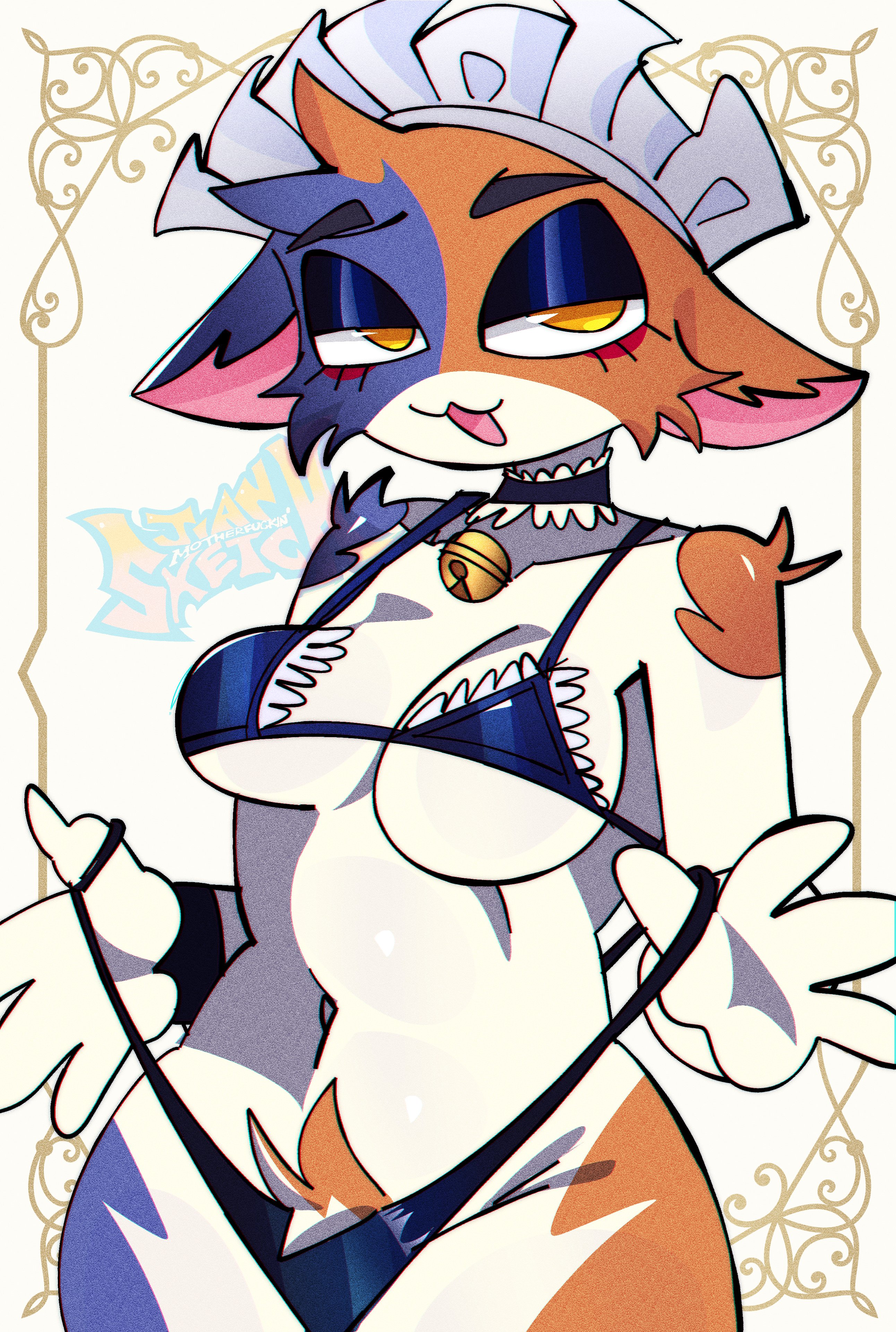 bell, belly button, black fur, blush, breasts, brown fur, cat ears, cat girl, choker, fortnite, fortnite: battle royale, furry, jiansketch, looking at viewer, maid headdress, makeup, meow skulls (fortnite), navel, pubic hair, slim waist, smile, tagme, thick thighs, tugging clothing, underwear, voluptuous, white fur, wide hips, yellow eyes