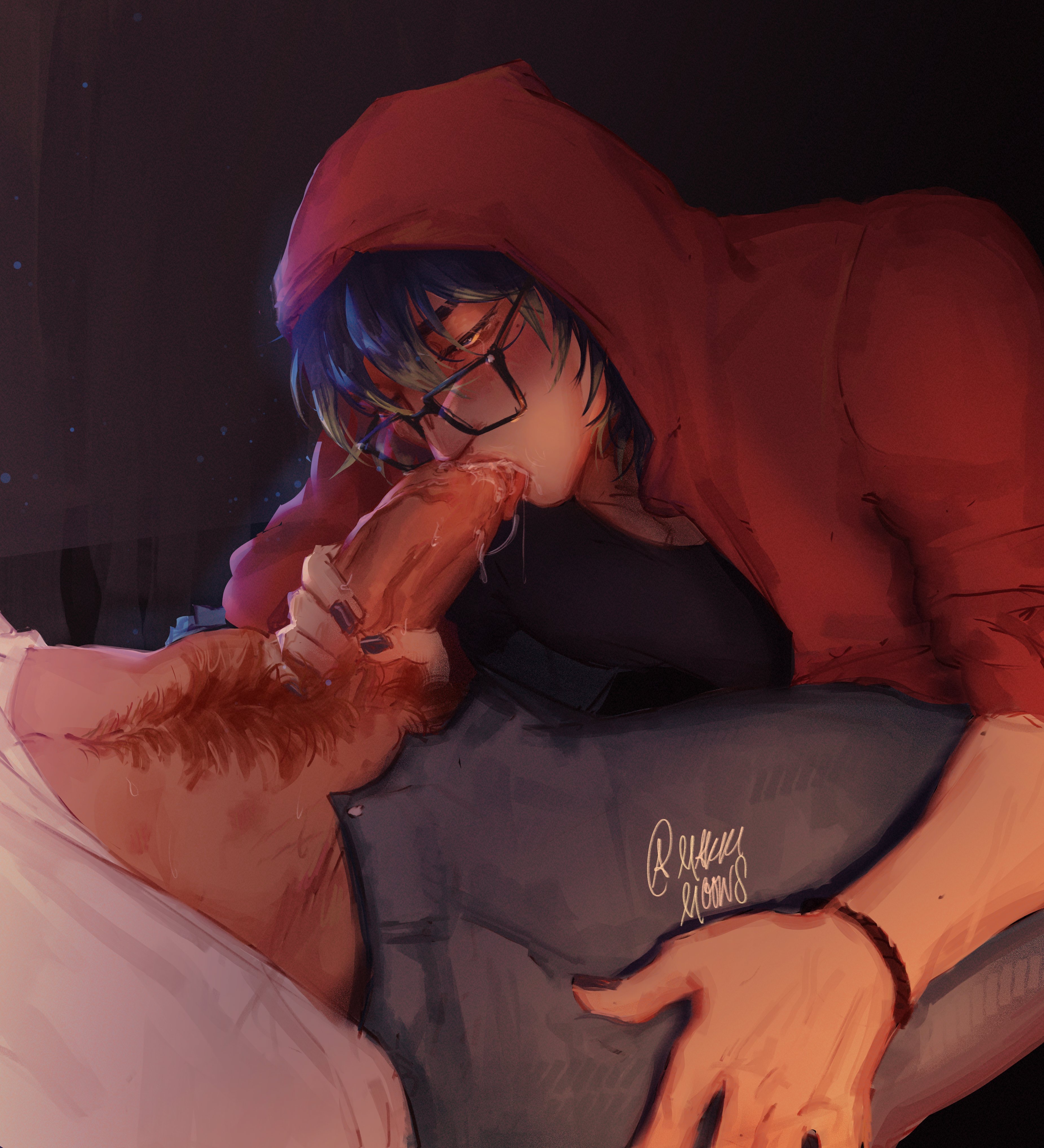 aphelios, bedroom, blowjob, blush, clothed, clothing, gay, glasses, heartsteel aphelios, heartsteel series, heartsteel sett, holding penis, league of legends, makkimoons, male, male focus, male only, male pubic hair, muscular, muscular male, open pants, oral, oral sex, pants, penis, penis in mouth, pubes, pubic hair, sett, shirt, sucking, sucking penis, tongue, tongue out, tongue out blowjob, yaoi