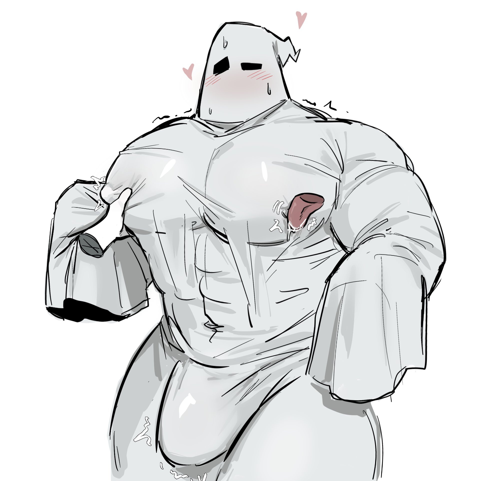 2d (artwork), bara, blush, clothed male, erection, erection under clothes, gay, gay male, ghost, hearts, hollow eyes, licking, male, male focus, male only, nipple bulge, nipple play, nipples, nipples visible through clothing, original character, pecs, pecs grab, penis bulge, peuhehe, simple background, sweat, thick thighs, yaoi