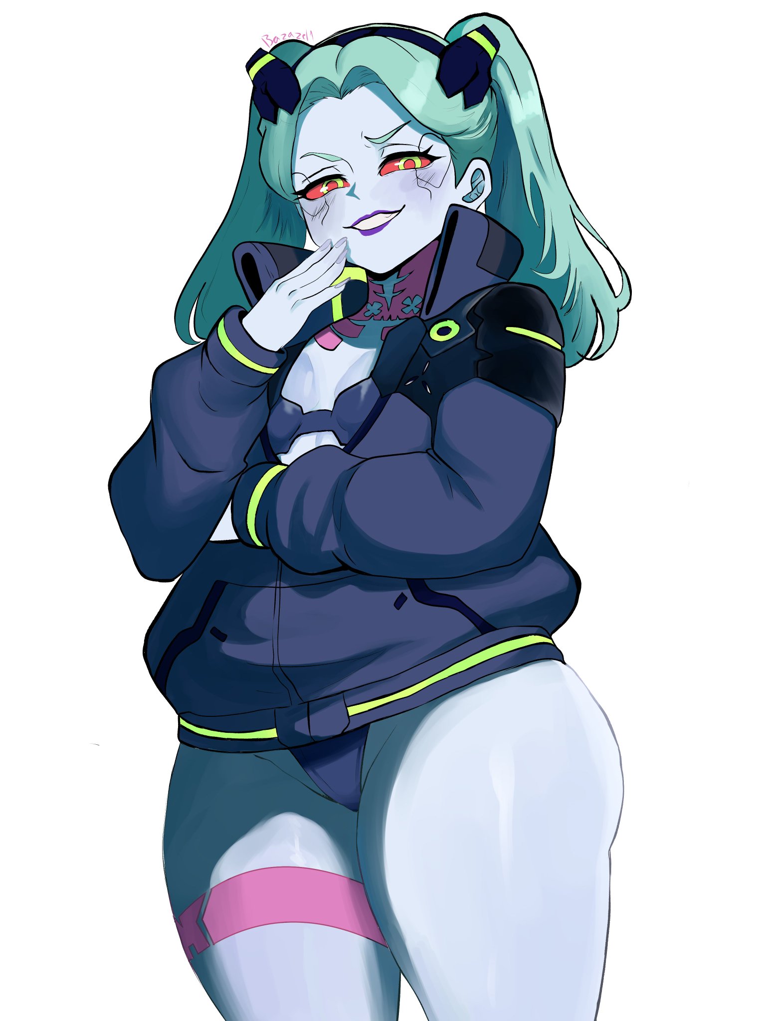 bazazel, cyberpunk: edgerunners, large hips, panties, partially visible vulva, rebecca (edgerunners), shiny skin, smaller female, smile, twintails