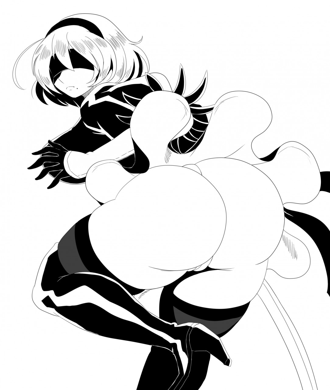 1girls, ass, ass focus, blindfold, female, female only, leotard, monochrome, nier (series), nier: automata, solo, sssonic2, stockings, sword, thong, weapon, yorha 2b