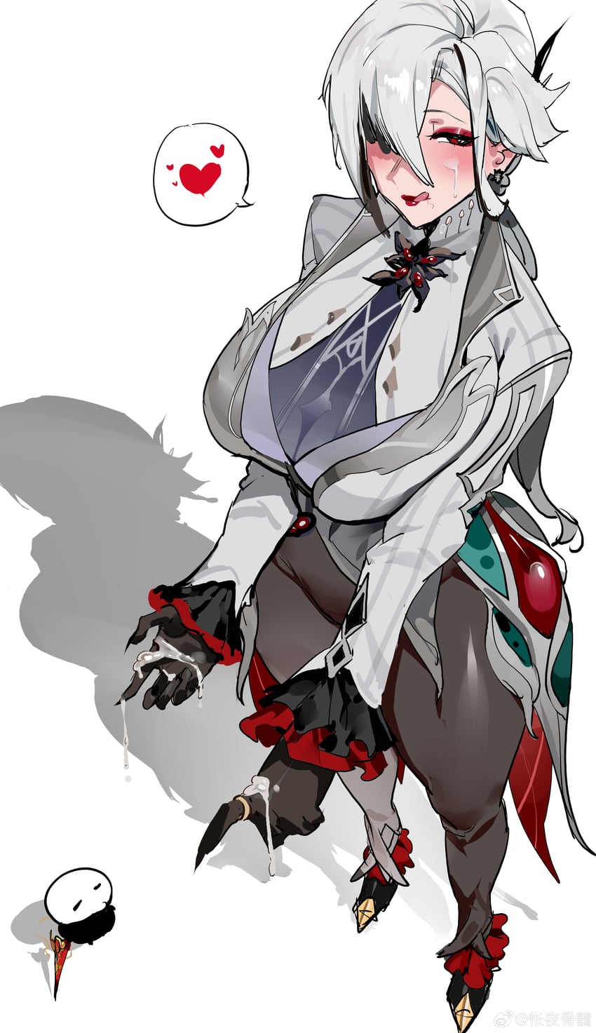 arlecchino (genshin impact), big breasts, cum, eyeliner, eyeshadow, genshin impact, grey thighhighs, hearts, high angle, high heels, kuook, licking lips, out of character, red lipstick, shadow, thick thighs, wide hips