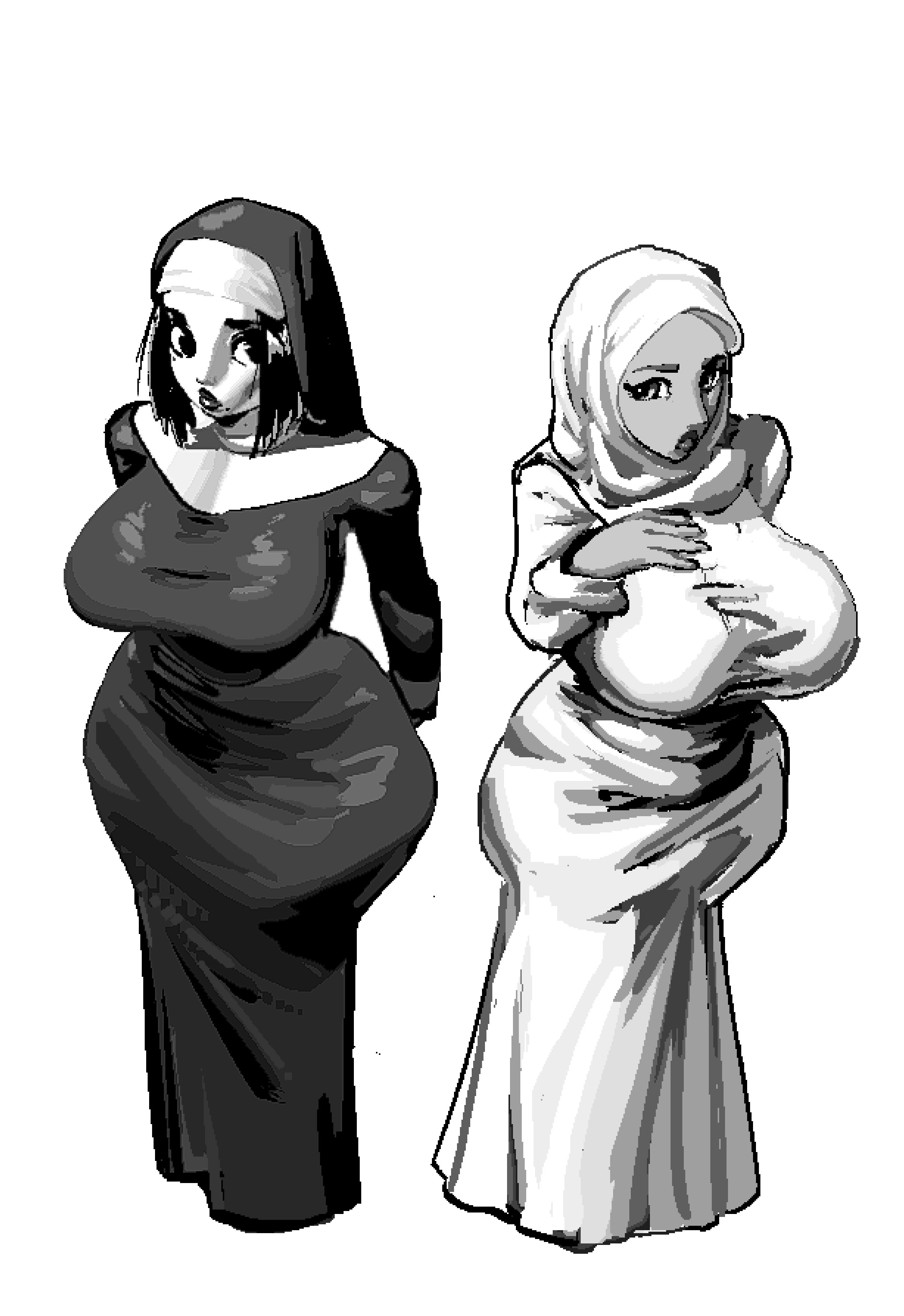 2d, 2d (artwork), 2d artwork, 2girl, 2girls, arab female, arabian, arabian clothes, arabian female, arms behind back, big breasts, black dress, black hair, breasts, curvaceous, curvaceous figure, curvy, curvy body, curvy female, curvy figure, dark skin, dark-skinned female, dress, female, female only, fully clothed, fully clothed female, hand on breast, hi res, high quality, high resolution, highres, hijab, hips, human, large breasts, light skin, light-skinned female, mole, mole under mouth, nun, nun habit, nun hat, nun outfit, nun's habit, oppmann, pixel, pixel art, religion, religious, religious clothing, religious girl, religious headwear, short hair, simple background, thick thighs, thighs, tight clothes, tight clothing, white background, wide hips