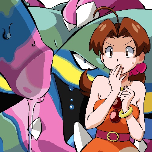 1boy 1girls ahoge alolan_muk ambiguous_gender bare_shoulders blue_eyes bracelet breasts brown_eyes brown_hair clothed clothing delia_ketchum_(pokemon) dress eyelashes female gomatarou human long_hair male milf mother muk necklace nintendo open_mouth penis penis_awe pokemon pokemon_sm pokephilia ponytail precum slime slime_monster sweat wet