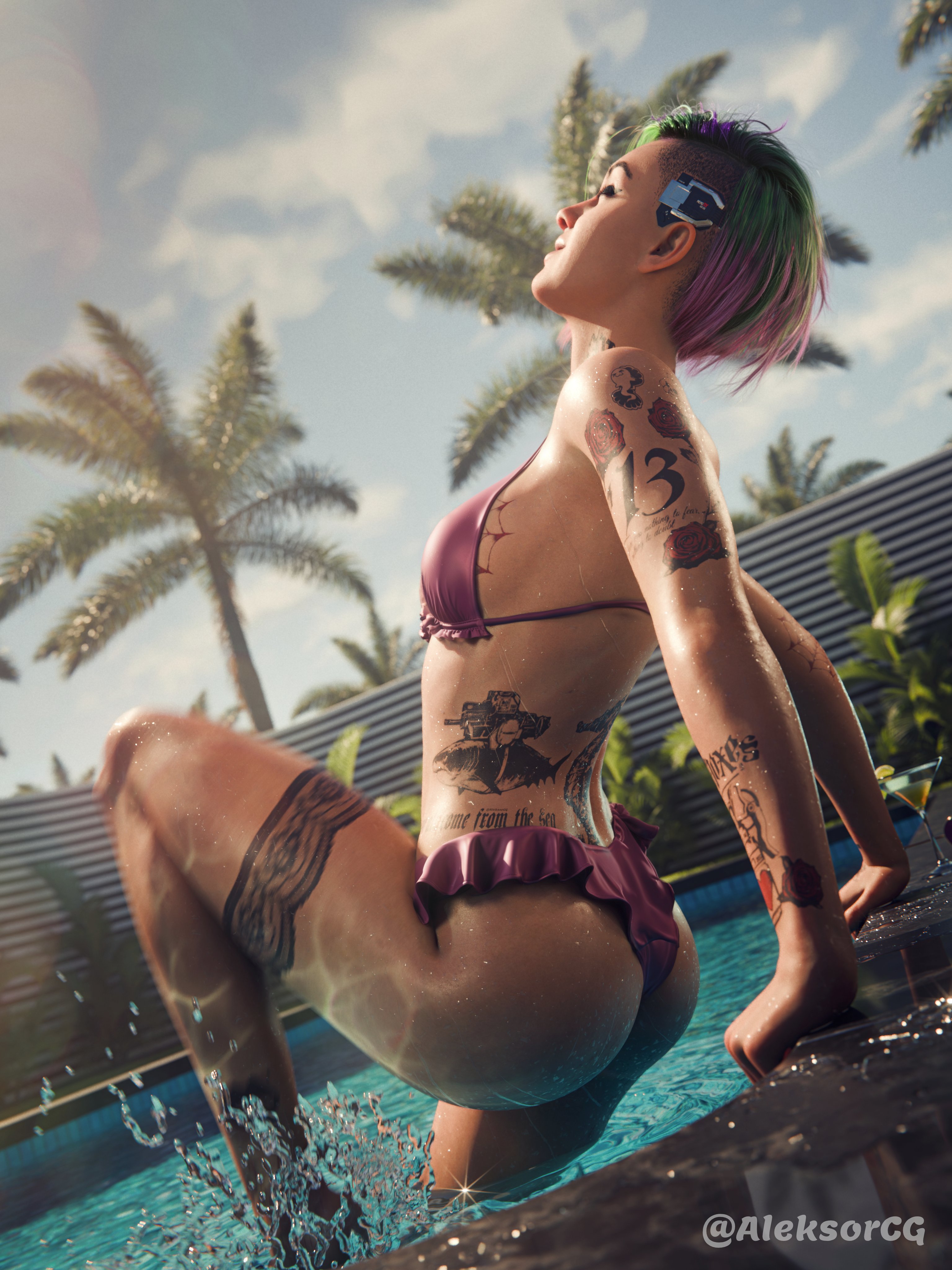 1girls, 2026, 3d, aleksor, ass, back-tie bikini, bikini, bikini bottom, bikini top, breasts, cyberpunk 2077, detailed background, eyeliner, eyes closed, eyeshadow, female, female only, frilly bikini, green and purple hair, judy alvarez, legs, legs apart, lipstick, makeup, medium breasts, no nude, no nudity, non nude, non-nude, outdoors, partially submerged legs, pink lipstick, plump lips, pool, poolside, purple bikini, rigid3d (model), shaved side, short hair, side view, sitting, solo, tattoo, tattoos, tattoos everywhere, thighs, winged eyeliner