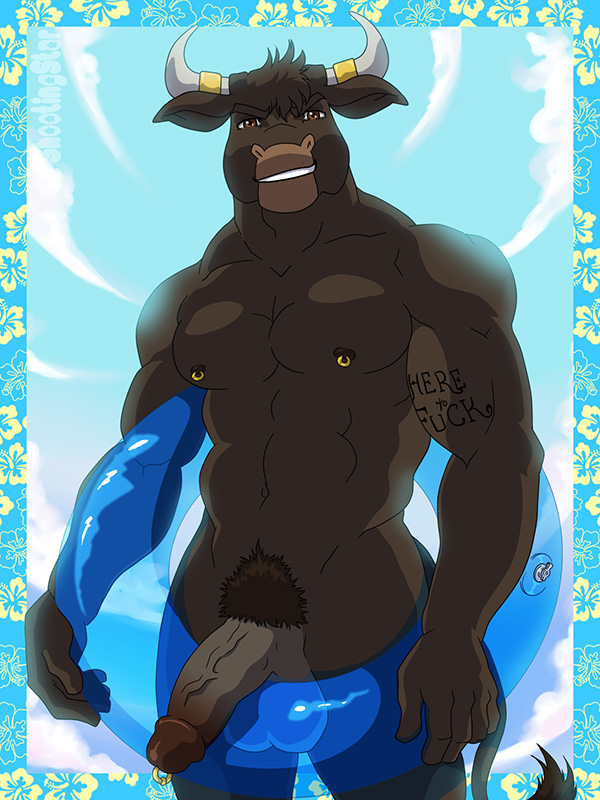 1boy 2015 abs anthro balls biceps biped blue_border blue_sky border bovine brown_fur brown_hair brown_nipples brown_penis brown_tail buck_(evane) cattle circumcised cloud day detailed_background erection eyebrows float front_view fur genital_piercing glans grey_horn hair horn horn_ring humanoid_penis looking_at_viewer male male_only mammal muscular muscular_male navel nipple_piercing nipples nude outside outside_border pecs penis penis_piercing piercing portrait prince_albert_piercing pubes shootingstar sky solo standing tail_tuft tattoo three-quarter_portrait tuft vein veiny_penis watermark