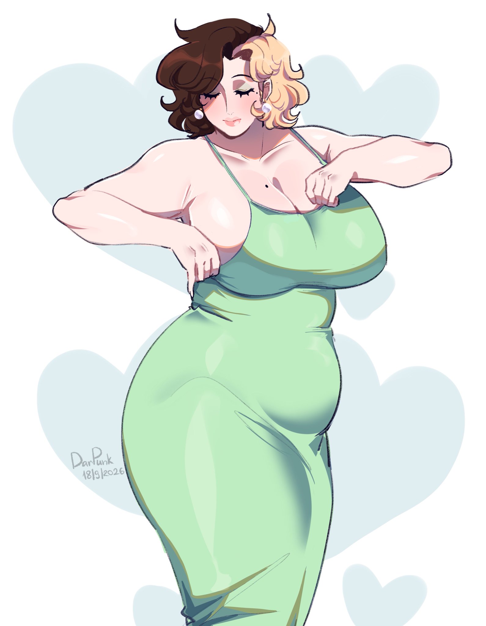 big boobs, big breasts, boobs, boobs bigger than head, breasts, breasts bigger than head, chubby, chubby female, curvy, curvy body, curvy female, curvy figure, curvy thighs, darpunk, dress, dyed hair, earring, earrings, female, female focus, female only, green clothing, hips, hips wider than shoulders, huge boobs, huge breasts, large boobs, large breasts, larger female, makeup, mole, mole on breast, oc, original, original character, plump, reference, solo, solo female, solo focus, tagme, thick hips, thick thighs, thighs, thighs bigger than head, wide hips, wide thighs
