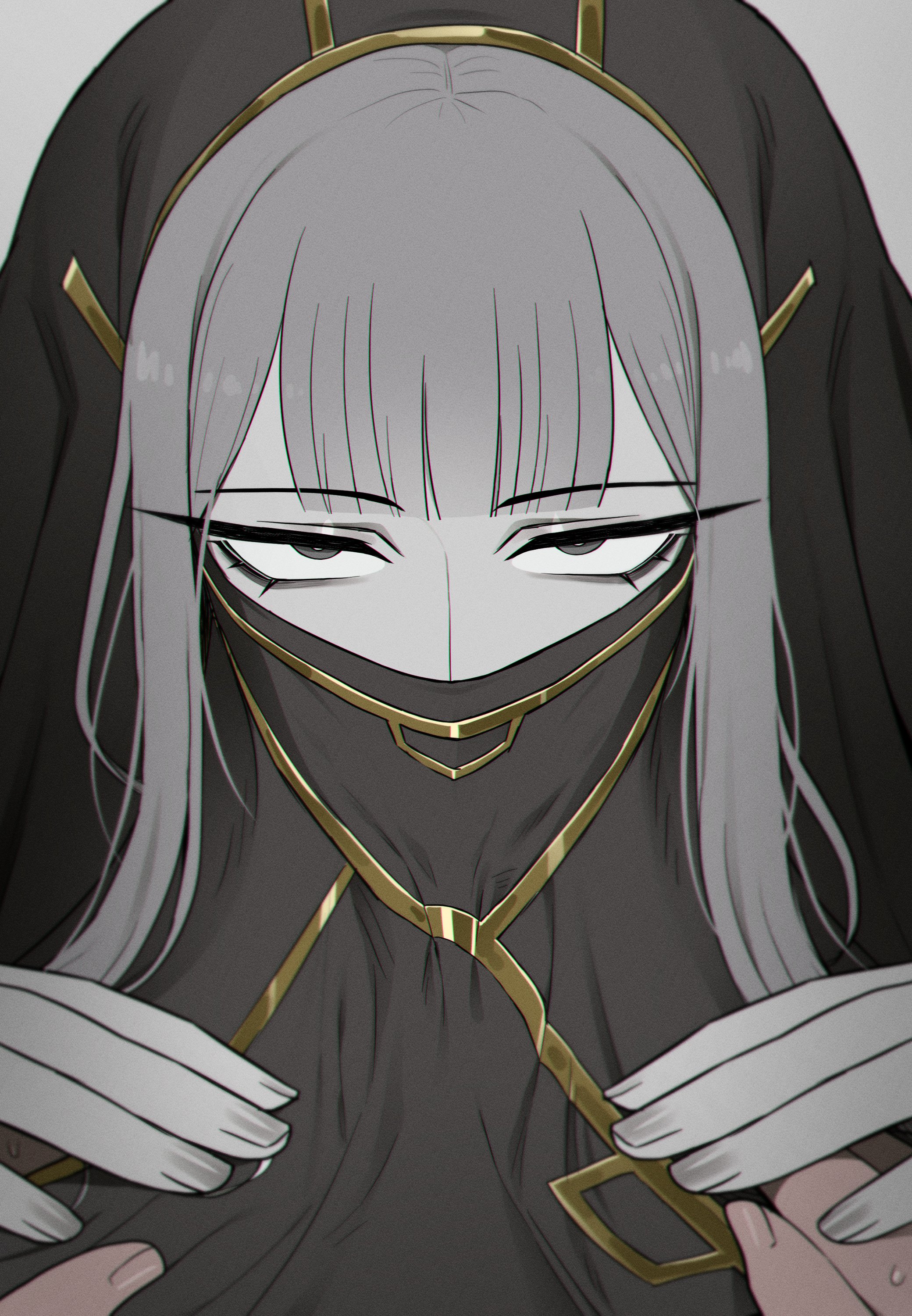 eye contact, eyelashes, eyeshadow, fellatio, fellatio under mask, fellatio under veil, grey body, grey hair, grey skin, hand holding, implied fellatio, implied oral, limbus company, looking at viewer, misg1111, one-leg (project moon), pov, pov eye contact, project moon, sweaty hands, uniform