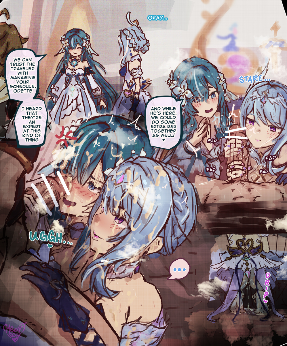 1boy, 2girls, 5 fingers, accessory, aether (genshin impact), anger, anger symbol, anger vein, angry, angry expression, angry face, angry female, blonde, blonde hair, blonde hair male, blonde male, blonde-haired male, blue eyes, blue eyes female, blue hair, blue hair female, blue-eyed female, blue-haired female, blush, blush lines, blushing, blushing at another, blushing at partner, blushing face, blushing female, blushing lines, boobs, boobs covered, both hands, both hands on cock, both hands on dick, both hands on penis, bottomless, bottomless male, breasts, breasts covered, censored, censored cock, censored genitalia, censored penis, censored version, censored version at source, closed eyes, clothed, clothed female, clothed female clothed male, clothed female partially clothed male, clothed human, clothed humanoid, clothed male, clothed male clothed female, clothed sex, clothed to bottomless, clothed to partially clothed, clothes, clothes removal, clothes removed, clothing, clothing removal, clothing removed, cock, cock grab, cock in hand, color, colored, covered boobs, covered breasts, covered tits, cum, cum in hair, cum on cock, cum on dick, cum on face, cum on hair, cum on penis, cumming, cumming from handjob, cumming on face, dialog, dialog balloon, dialogue, dialogue bubble, dialogue speech bubble, dick, dick grab, dick in hand, english, english commentary, english dialogue, english language, english subtitles, english text, erect cock, erect dick, erect penis, erection, exclamation, exclamation mark, exclamation point, exclamation sign, eyes, eyes closed, eyes open, facial, fap, fapping, feet, female, female feet, female human, female humanoid, female on male, female with male, female/female/male, females, ffm, ffm threesome, fingers, fingers on penis, flower, flower in hair, flowers, flowers in hair, functionally naked, functionally nude, functionally nude male, genitalia, genshin impact, glove, grabbing, grabbing another's cock, grabbing another's dick, grabbing another's penis, grabbing cock, grabbing dick, grabbing penis, hair, hair accessory, hair ornament, half-closed eyes, half-open eyes, hand job, hand on another's leg, hand on another's thigh, hand on leg, hand on thigh, handjob, handjob focus, hands, hands on another's cock, hands on another's dick, hands on another's penis, hands on cock, hands on dick, hands on penis, hands together, heartseck (artist), holding, holding another, holding another's cock, holding another's dick, holding another's penis, holding cock, holding dick, holding penis, hoyoverse, human, human feet, human female, human on male, humanoid, humanoid female, humanoid on male, indoor, indoor sex, indoors, indoors sex, inside, kneeling, kneeling down, kneeling female, kneeling handjob, laying, laying back, laying down, laying on back, legs, light blue hair, light blue hair female, light blush, long hair, long hair female, long haired, long-haired female, looking at another, looking at another's cock, looking at another's dick, looking at another's genitalia, looking at another's penis, looking at cock, looking at dick, looking at genitalia, looking at partner, looking at penis, looking forward, looking up, looking up at another, looking up at partner, lying, lying back, lying down, lying male, lying on back, male, male on female, male on human, male on humanoid, male orgasm, male with female, male/female/female, medium cock, medium dick, medium penis, mihoyo, multiple angles, multiple females, multiple girls, multiple views, narrowed eyes, no penetration, odette (genshin impact), on back, on knees, one glove, open eyes, orgasm, orgasm from handjob, ornament, partially clothed, partially clothed male, partially naked, partially naked male, partially nude, partially nude male, penis, penis grab, penis in hand, penis stroking, purple eyes, purple eyes female, purple-eyed female, removed clothes, removed clothing, sex, short hair, short hair female, short-hair, short-haired female, shoulders, sitting, sitting down, small boobs, small breasts, small tits, speech balloon, speech bubble, speech bubbles, straight, straight sex, stroking, stroking cock, stroking dick, stroking penis, teal hair, teal hair female, teal-haired female, text, text bubble, thighs, threesome, threesome sex, tits, tits covered, trio, two handed handjob, two handed stroking, two-handed handjob, two-handed stroking, unseen male face, various angles, various views, vein, veins, veins on cock, veins on dick, veins on penis, veiny cock, veiny dick, veiny penis, very long hair, very long hair female, very long-haired female, vodyanitsa (genshin impact), white flower, white flowers