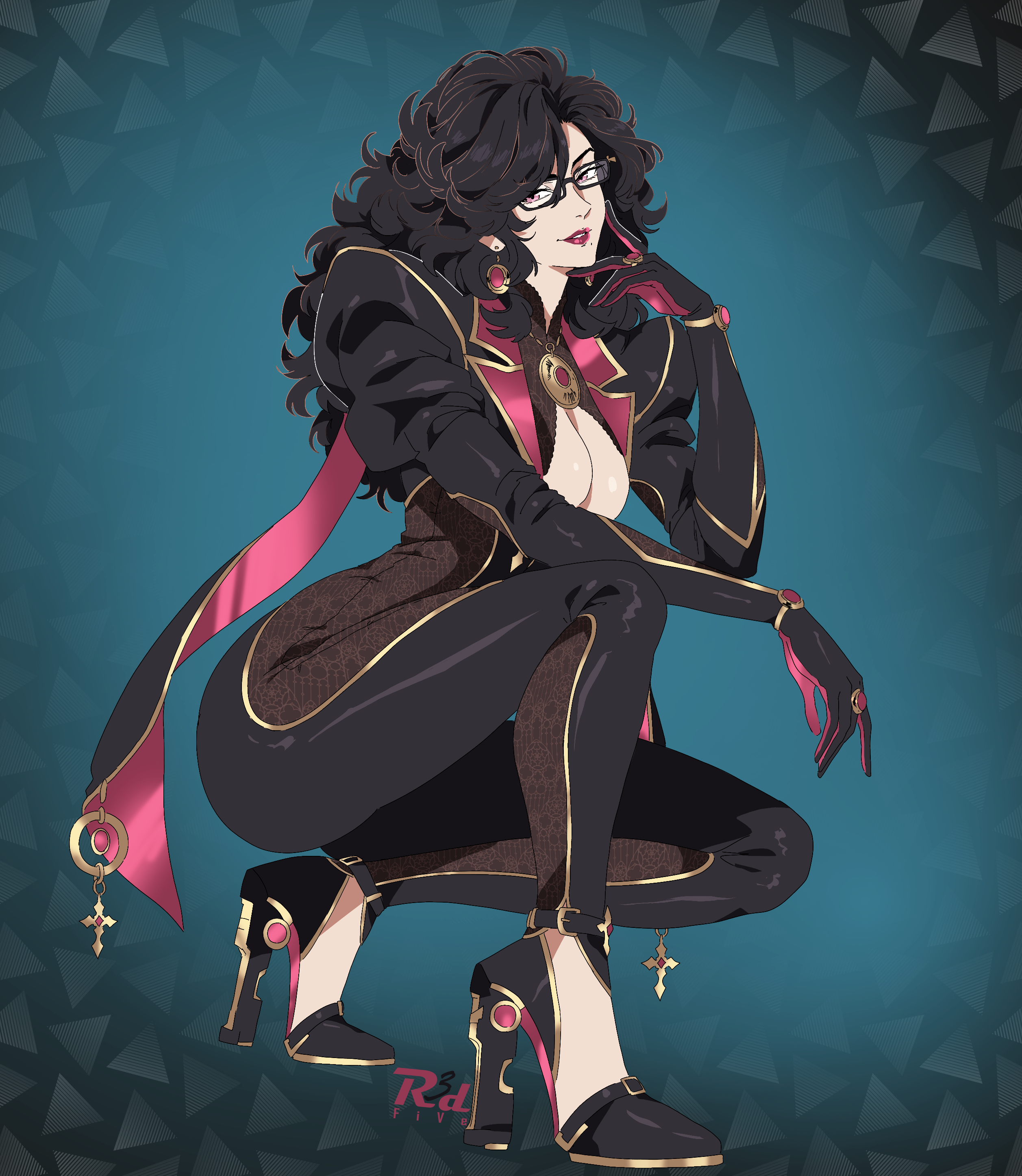 1girl, bayonetta, bayonetta (character), breasts, glasses, high heels, r3dfive, smile, solo, squatting, wavy hair