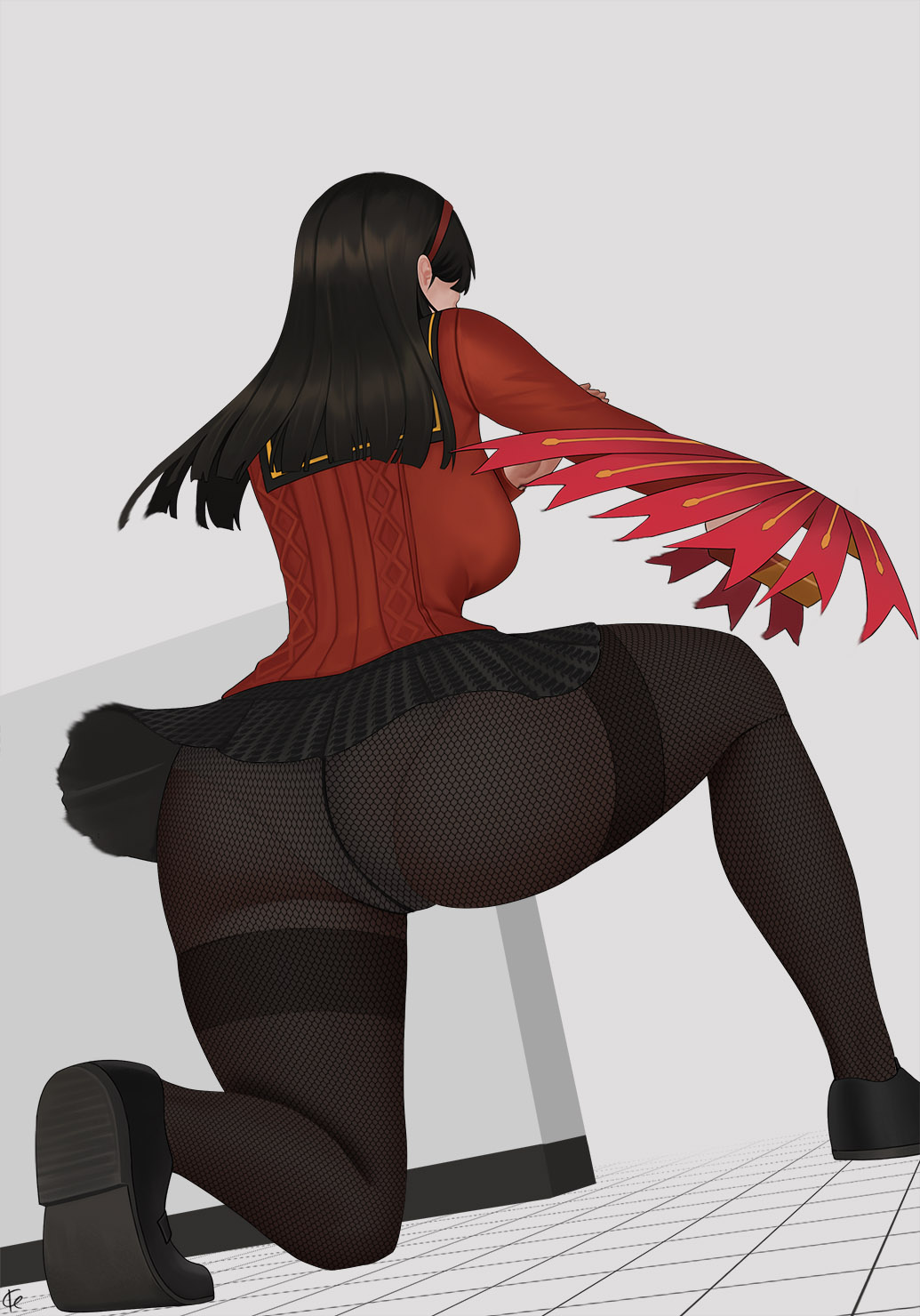 1girls, amagi yukiko, black eyes, black hair, black pantyhose, black underwear, breasts, degalinx, kneeling, legs, long hair, medium breasts, nikke, nikke's shooting pose (meme), panties, panties under pantyhose, pantyhose, pantyshot, pantyshot (kneeling), persona, persona 4, school uniform, schoolgirl, thighhighs, underwear, upskirt, yukiko amagi