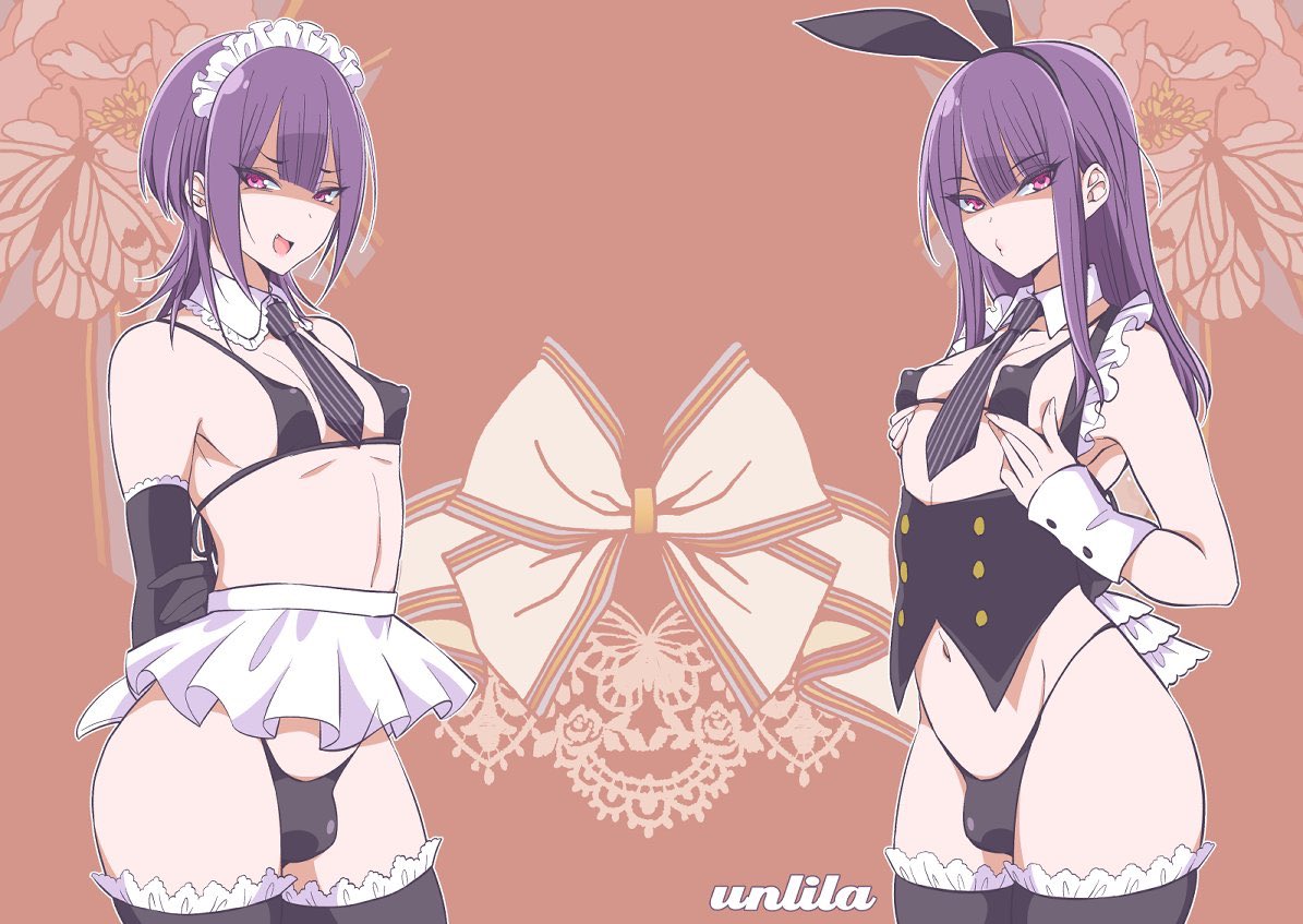2boys, bulge, crossdressing, erect nipples, femboy, girly, legwear, maid outfit, male, male only, nagano rira, nipples, thong, trap, violet hair