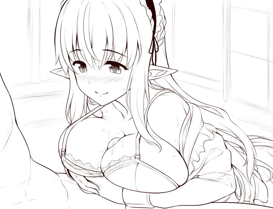 1boy bangs blush bra breast_squeeze breasts closed_mouth collarbone eyebrows_visible_through_hair female full-face_blush hair_between_eyes half-closed_eyes indoors line_art long_hair looking_down maid maid_headdress monochrome original paizuri paizuri_under_clothes penis pointy_ears precum shirt_slip sketch smile solo_focus sweat sweatdrop underwear uni8 upper_body