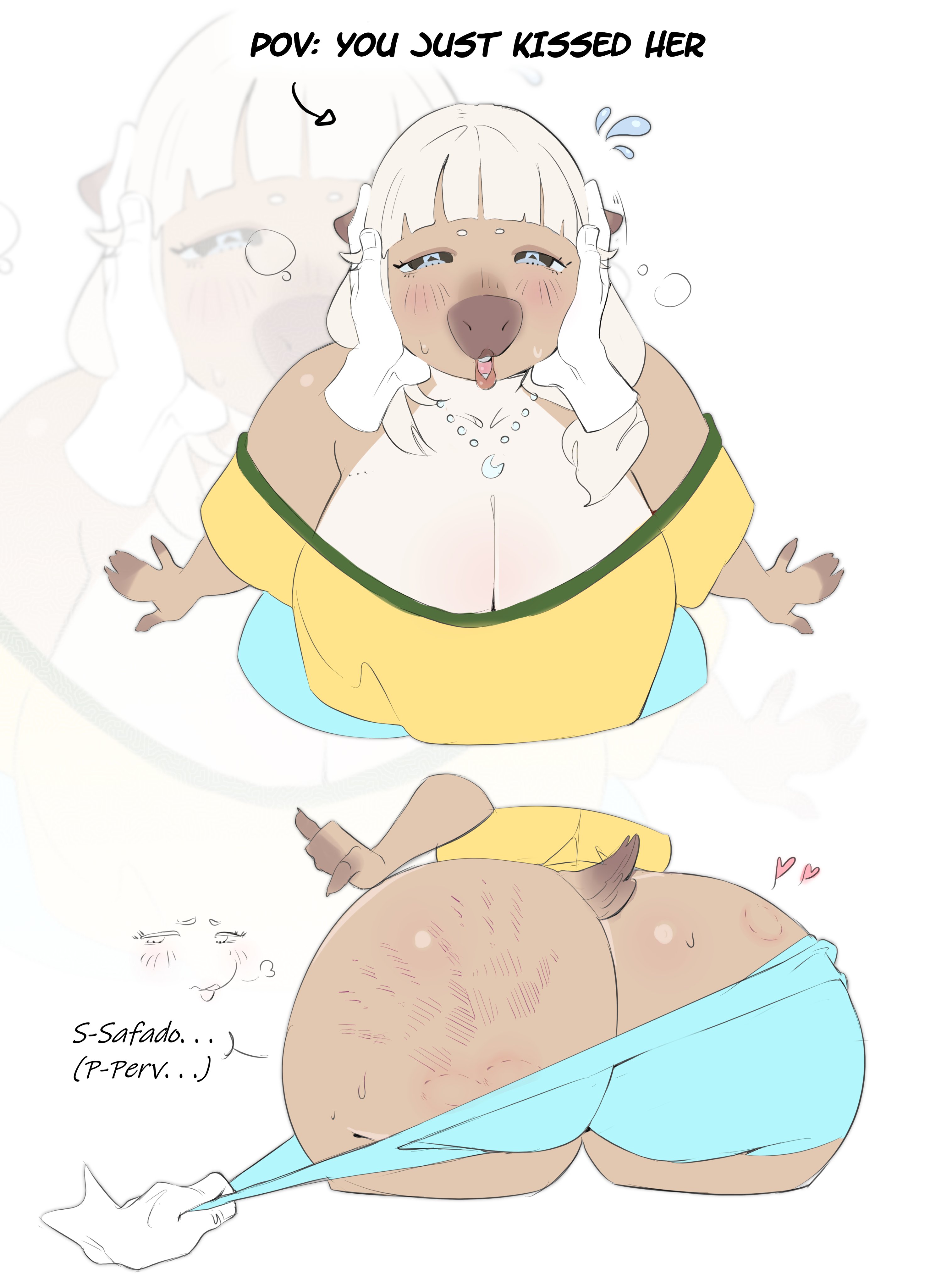 2026, absurd res, after kiss, anthro, bangs, bedroom eyes, big breasts, big butt, biped, bite mark, bite mark on butt, blonde hair, blue bottomwear, blue clothing, blue pupils, blue shorts, blunt bangs, blush, blush lines, bottomwear, bottomwear pull, breasts, brown body, brown fur, butt, capybara, caviid, circle eyebrows, cleavage, clothed, clothed anthro, clothed female, clothing, clothing pull, countershade torso, countershading, disembodied hand, duo, emanata, english text, eyebrows, eyelashes, faceless character, faceless male, female, female anthro, fingers, first person view, flustered, front view, fur, hair, half-closed eyes, hand print, heart symbol, hi res, holding head, huge breasts, huge butt, huge thighs, iconography, insult, jewelry, lips, long hair, looking at viewer, male, male/female, mammal, narrowed eyes, necklace, oanju, open mouth, open smile, oversized clothing, oversized shirt, oversized topwear, overweight, overweight anthro, overweight female, pivoted ears, pupils, reaction shot, reddened butt, rodent, scut tail, seductive, shirt, short tail, shorts, simple background, smile, smiling at viewer, snout, spank marks, sweatdrop (iconography), tail, tan body, tan fur, teeth, text, thick lips, thick thighs, tongue, topwear, white background, white hair, wide hipped anthro, wide hipped female, wide hips, yellow clothing, yellow shirt, yellow topwear
