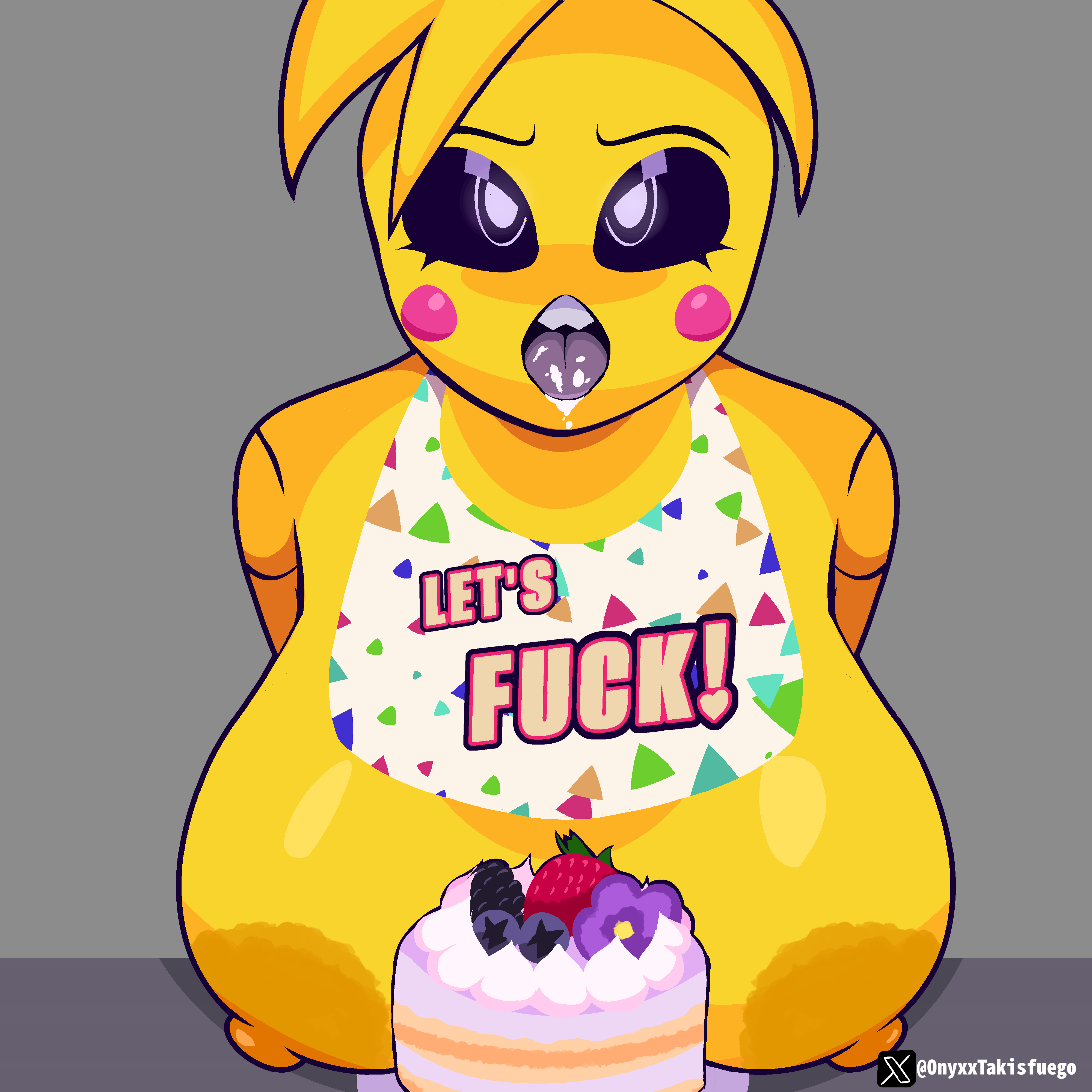1girl, 1girls, ahe gao, big breasts, big nipples, birthday cake, chica (fnaf), female, five nights at freddy's, five nights at freddy's 2, looking at viewer, solo, solo female, tagme, tongue out, toy chica (fnaf)
