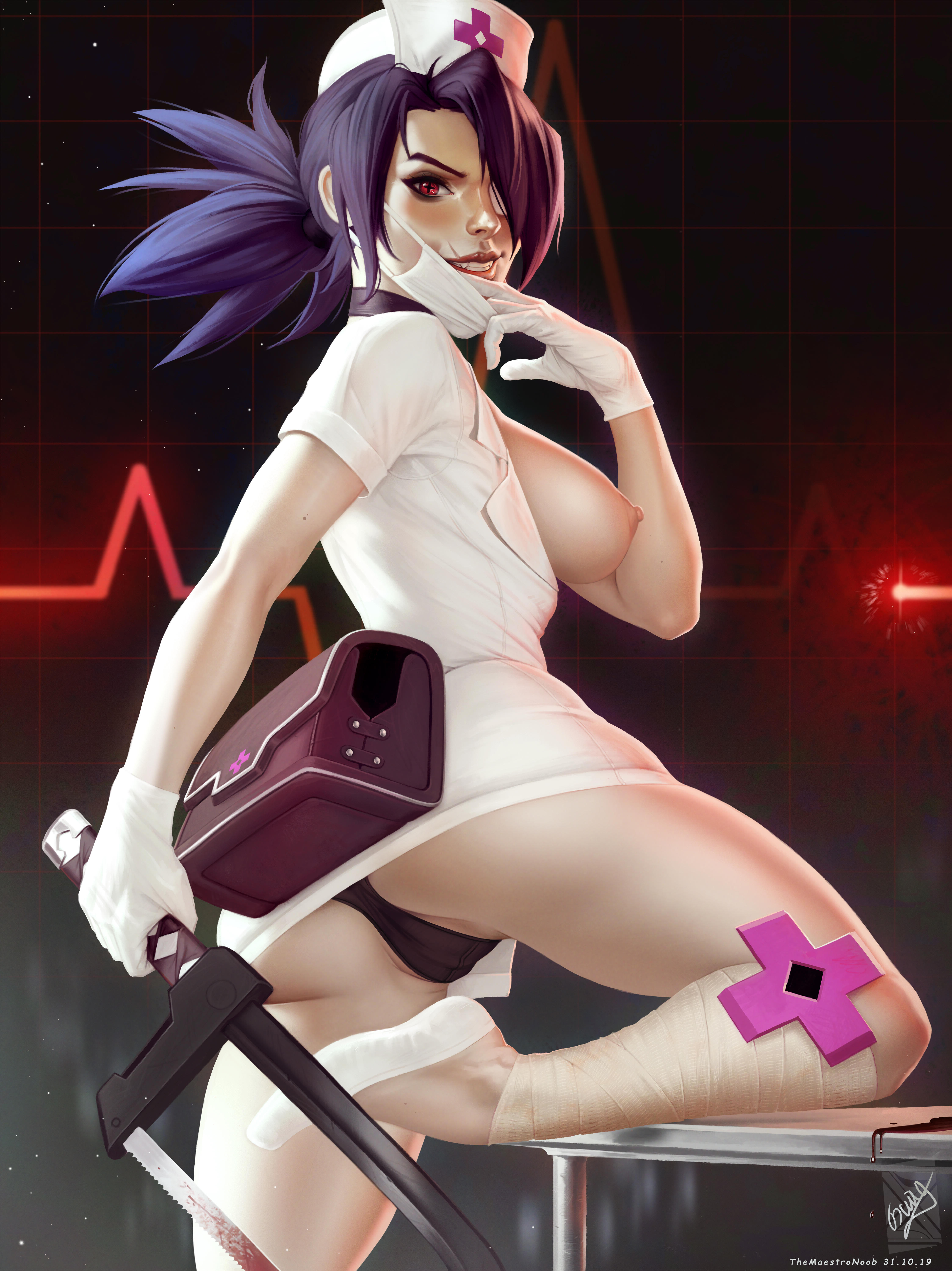 1girls, absurdres, areolae, ass, breasts, cameltoe, female, female only, highres, looking at viewer, looking back, nipples, panties, pussy, skullgirls, solo, themaestronoob, valentine (skullgirls)